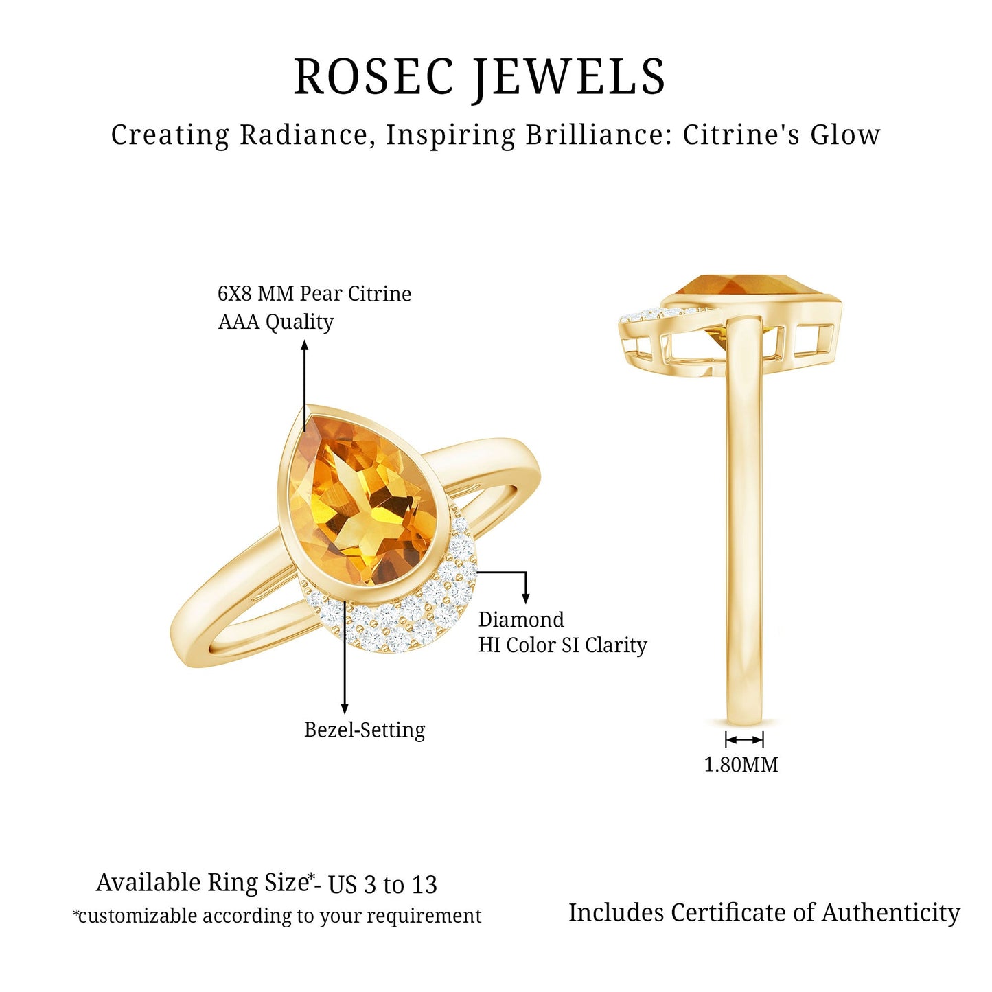 Real 6X8mm Citrine Teardrop Engagement Ring with Diamond