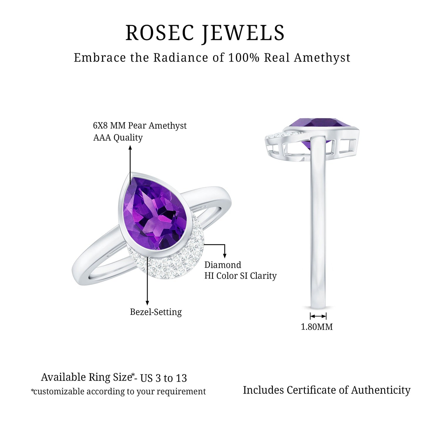 Bezel Set Amethyst Teardrop Cocktail Ring with Diamond Accent
