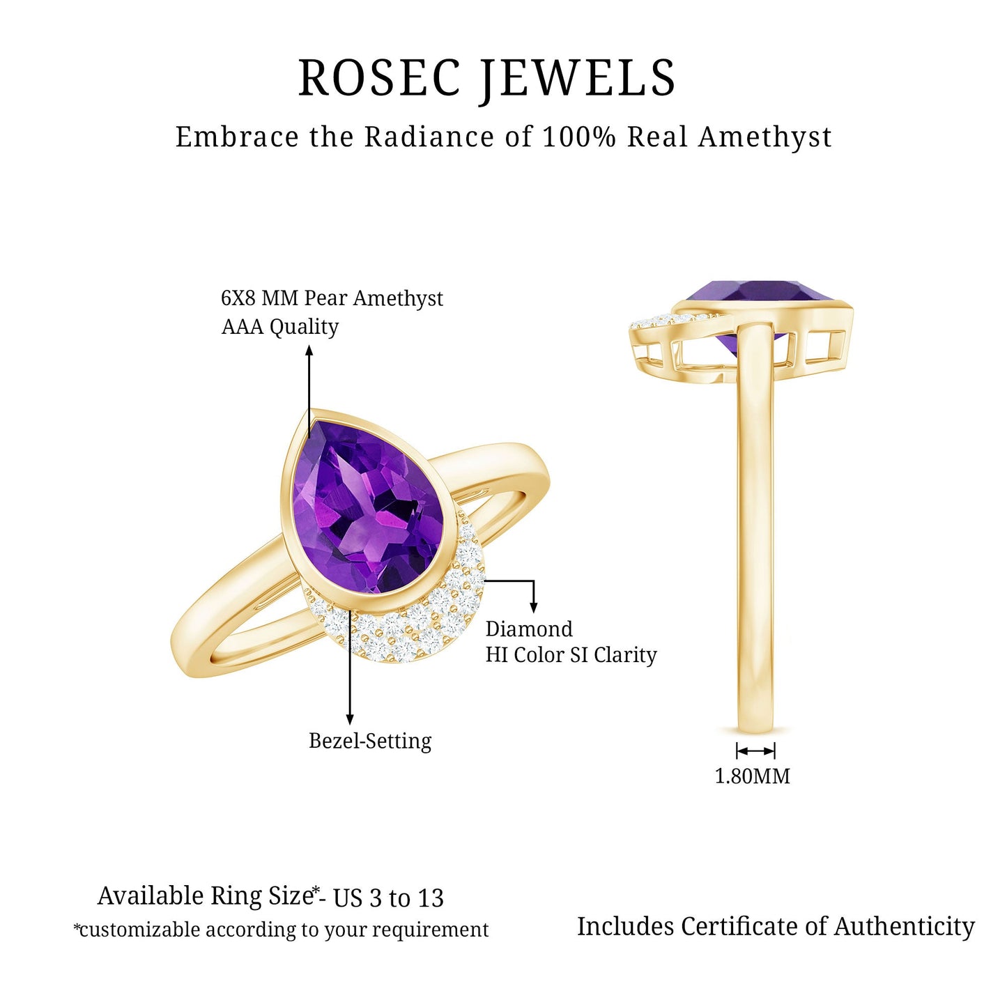 Bezel Set Amethyst Teardrop Cocktail Ring with Diamond Accent
