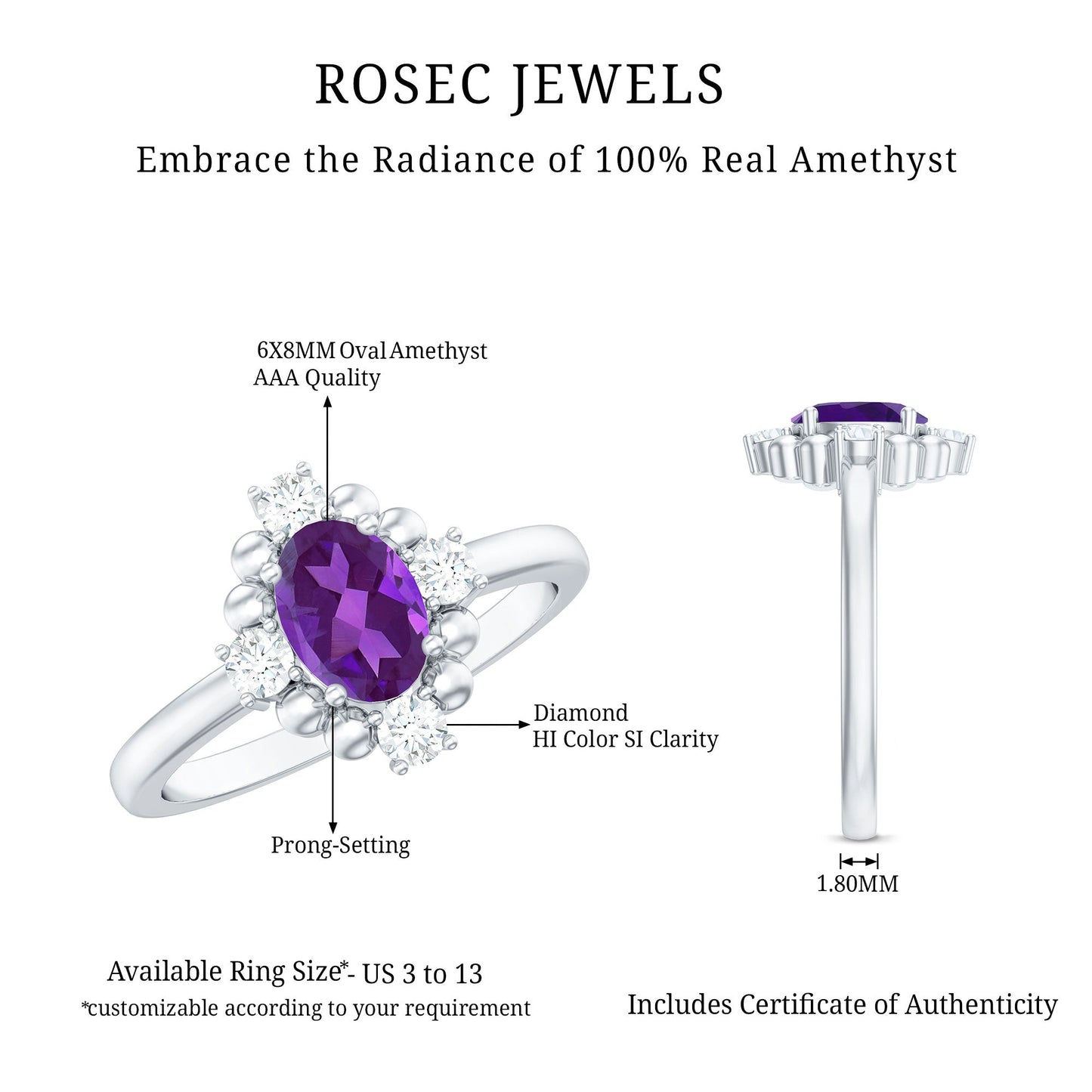 Oval Amethyst and Diamond Cocktail Ring with Beads