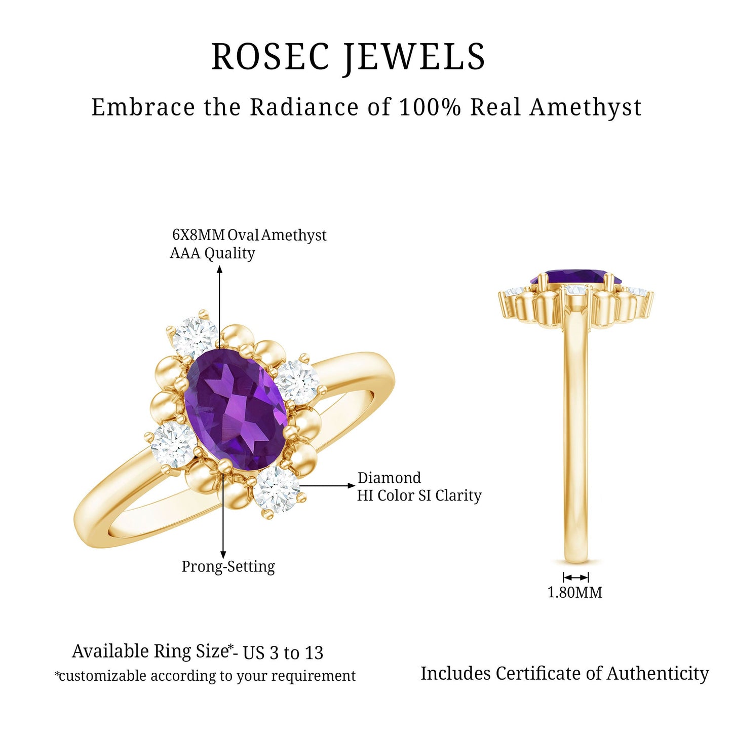Oval Amethyst and Diamond Cocktail Ring with Beads