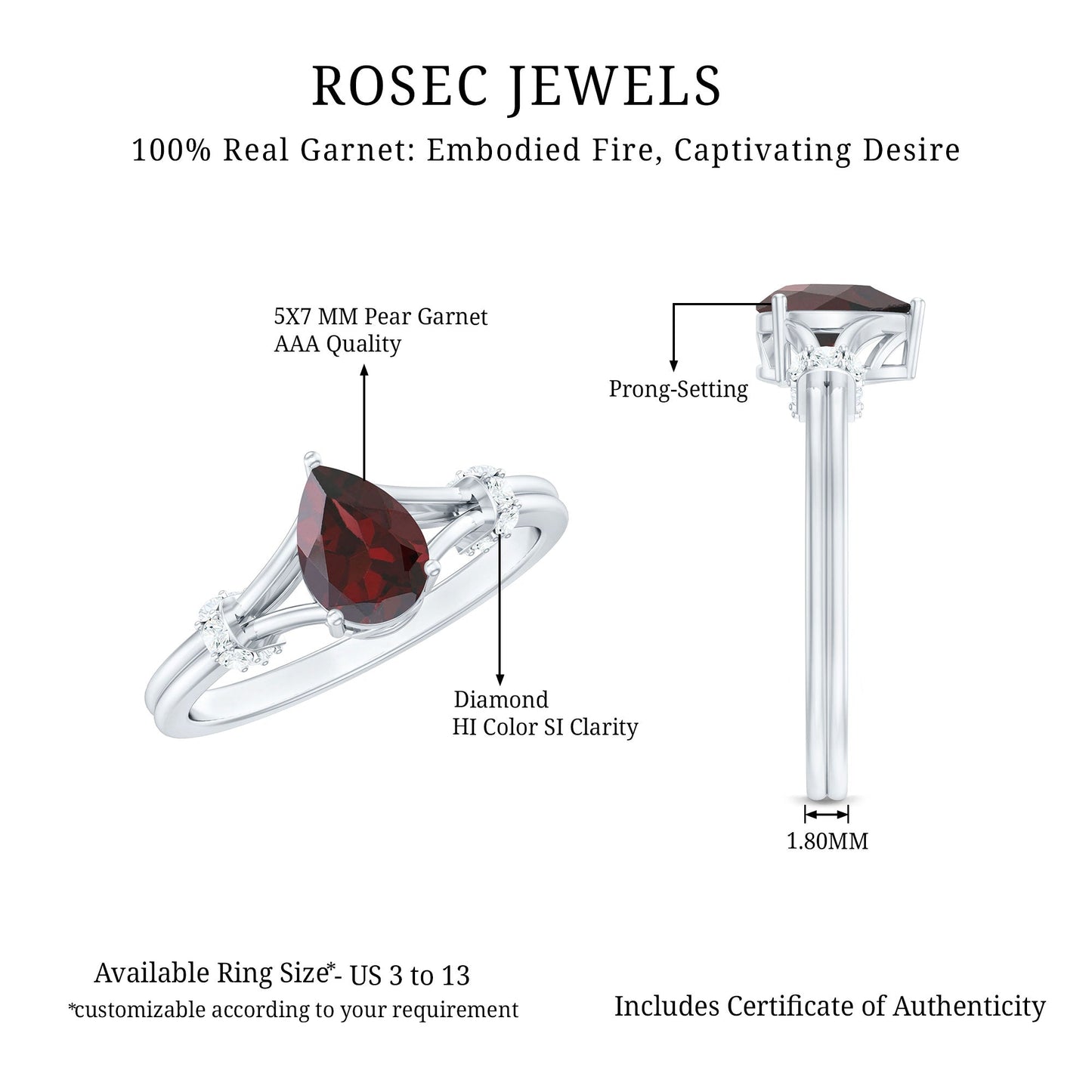 Certified Real 5X7mm Garnet Pear Shaped Engagement Ring with Diamond