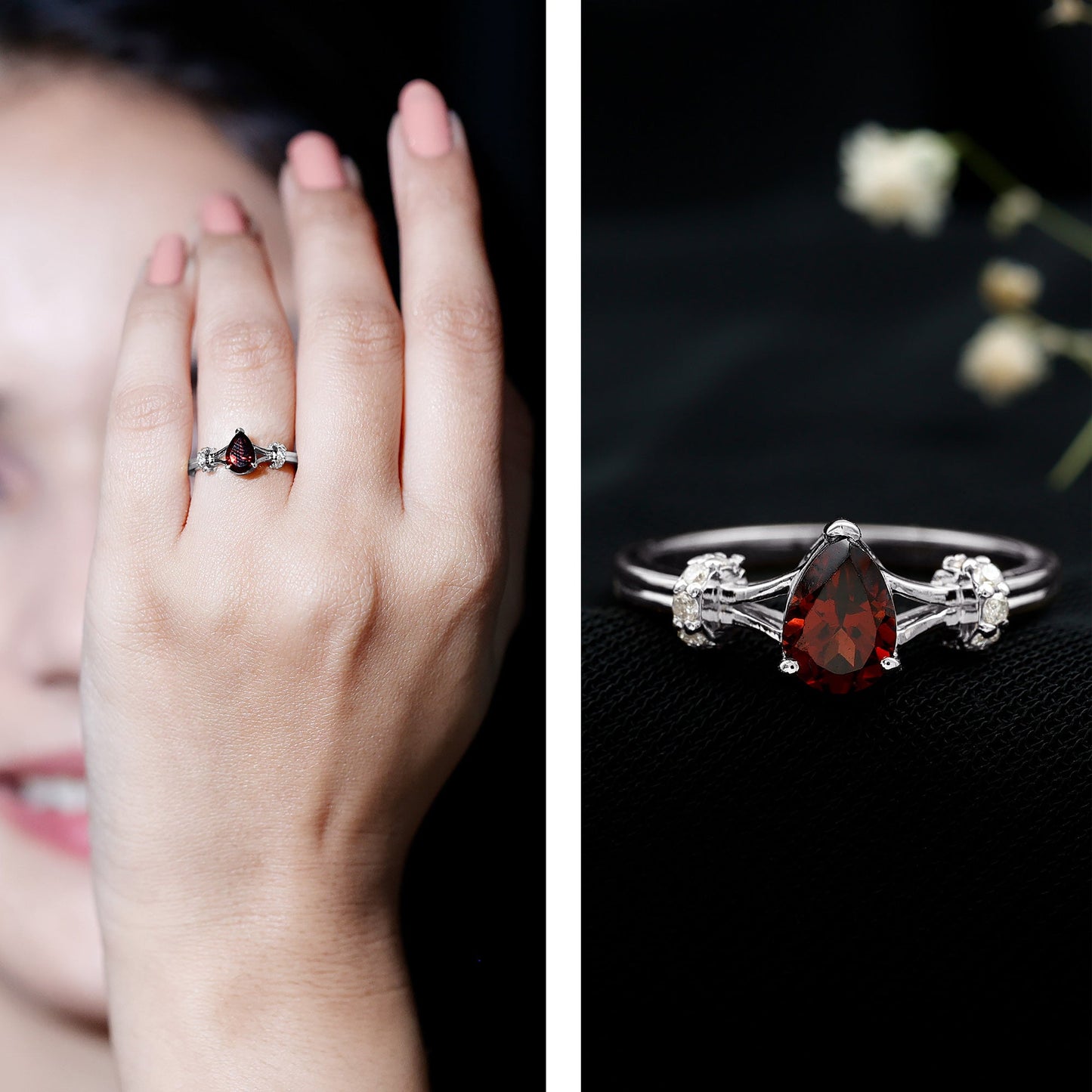 Certified Real 5X7mm Garnet Pear Shaped Engagement Ring with Diamond