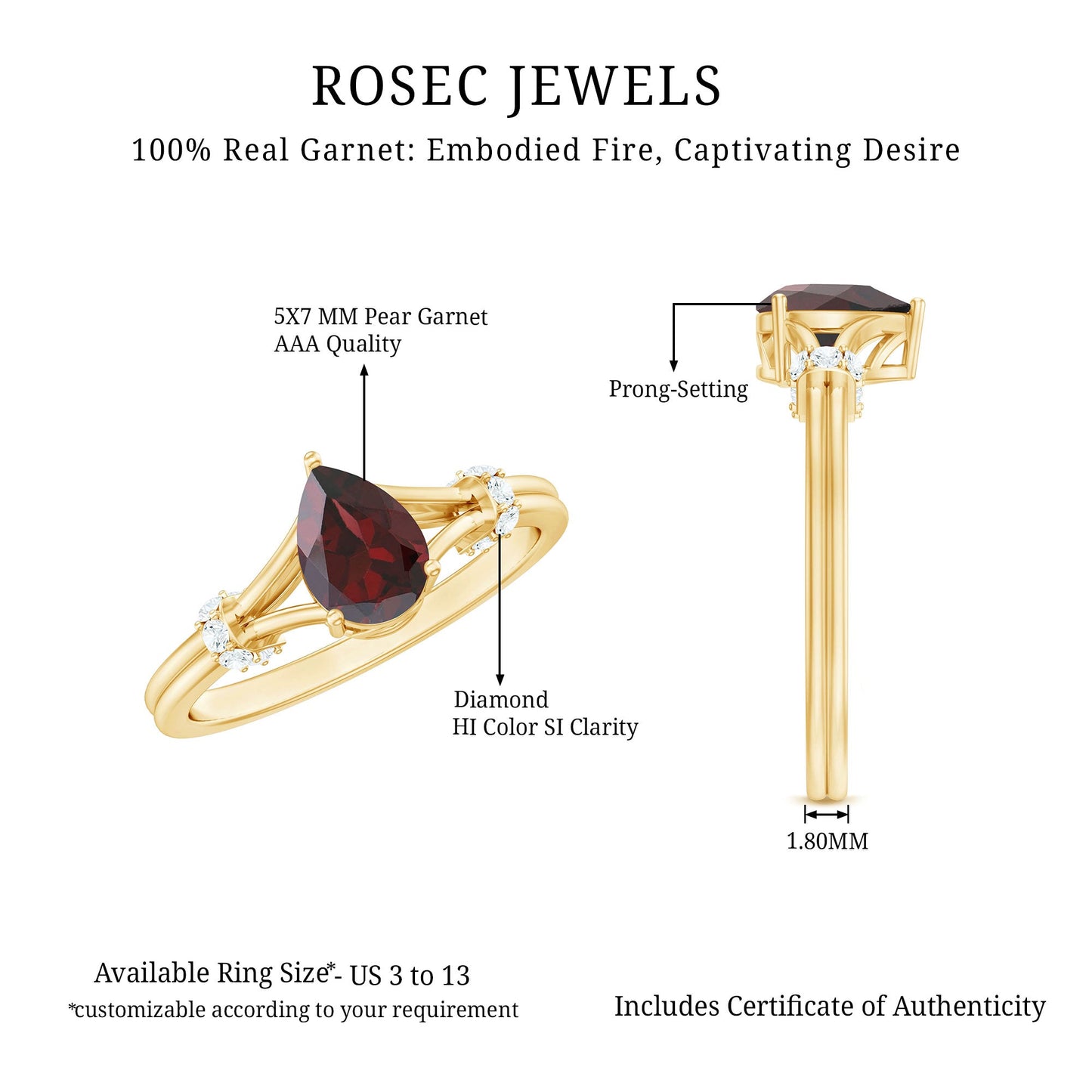 Certified Real 5X7mm Garnet Pear Shaped Engagement Ring with Diamond