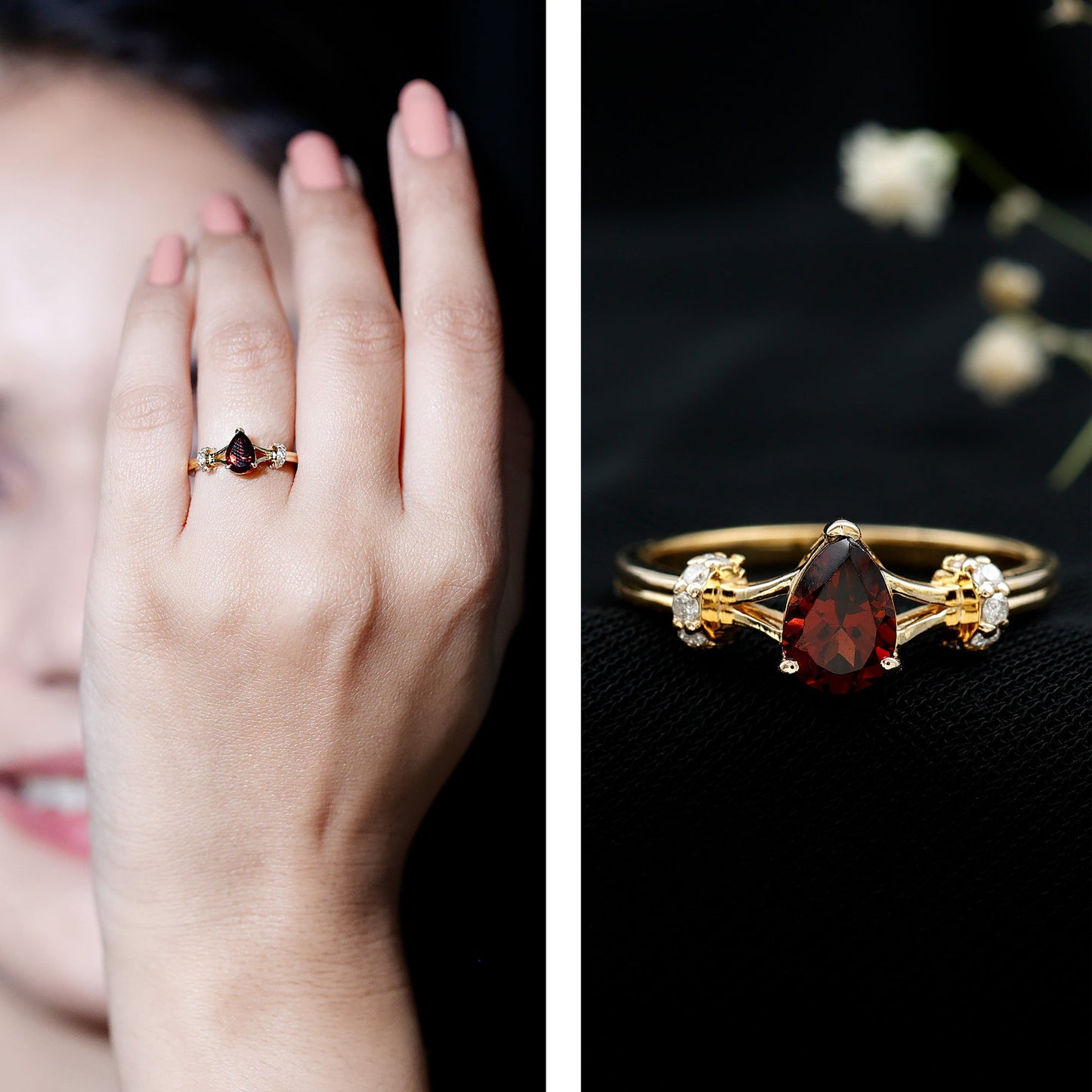 Certified Real 5X7mm Garnet Pear Shaped Engagement Ring with Diamond