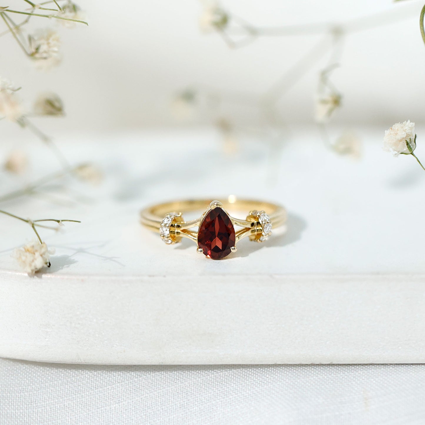 Certified Real 5X7mm Garnet Pear Shaped Engagement Ring with Diamond