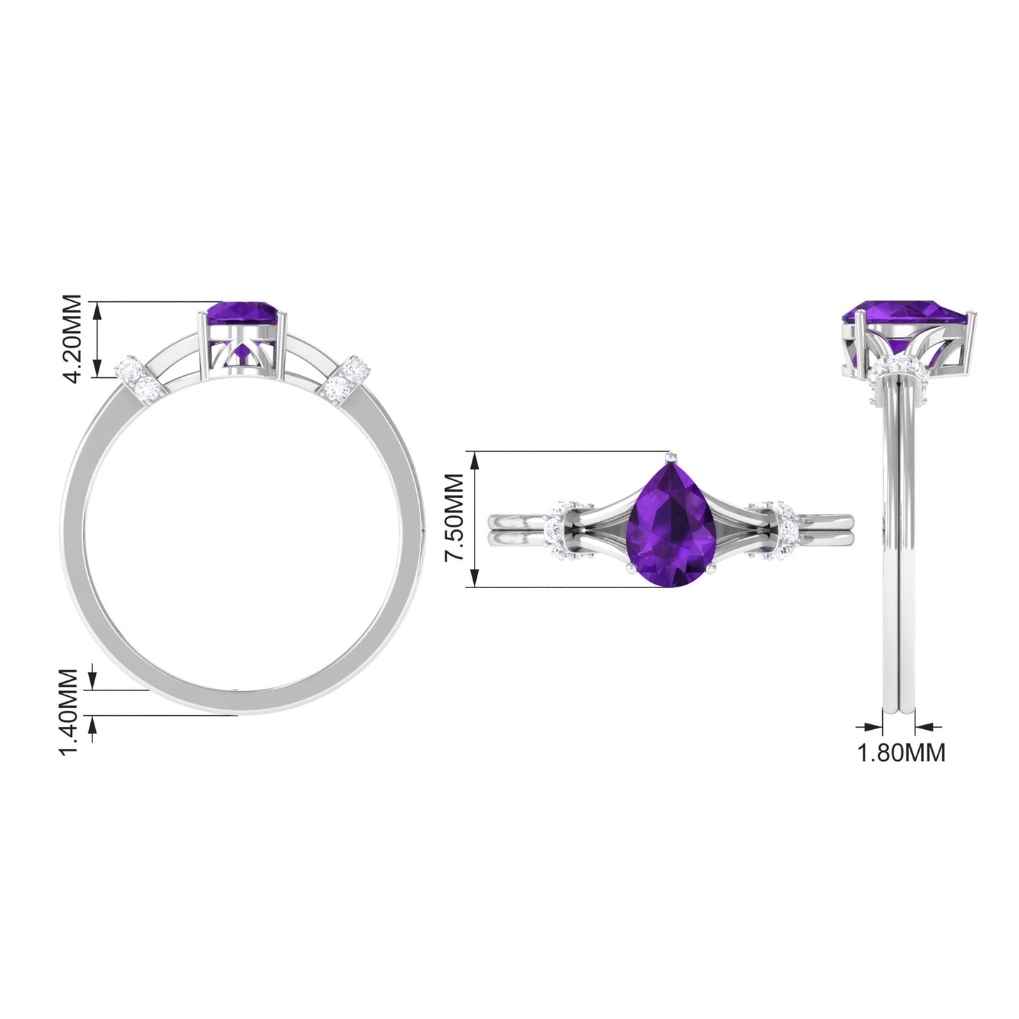 Pear Cut Amethyst Solitaire Ring with Diamond in Split Shank