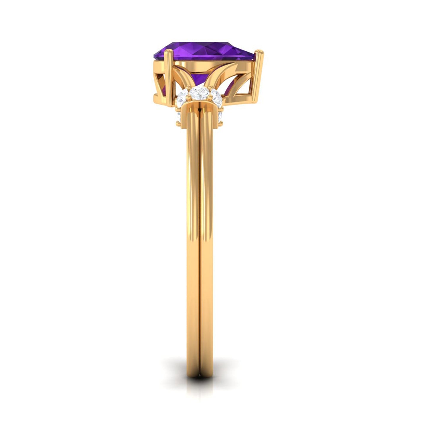 Pear Cut Amethyst Solitaire Ring with Diamond in Split Shank