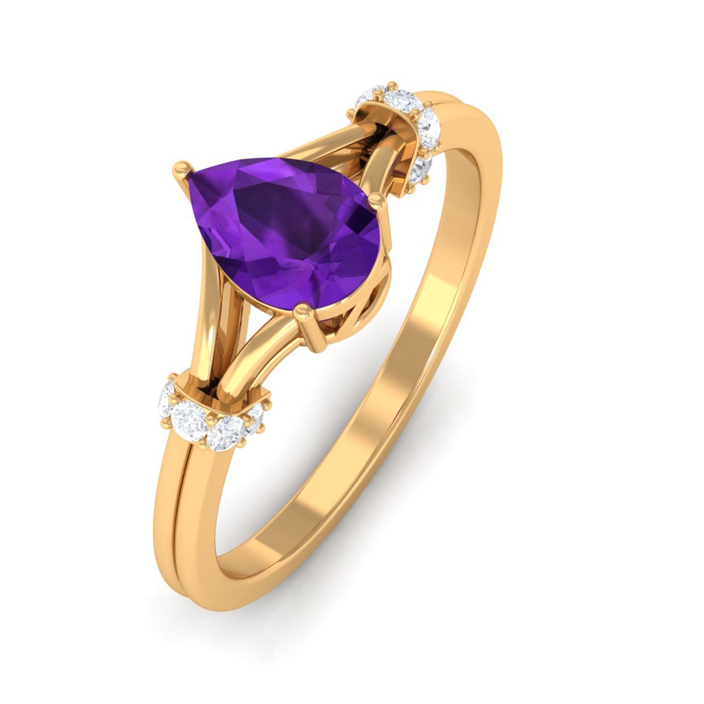 Pear Cut Amethyst Solitaire Ring with Diamond in Split Shank