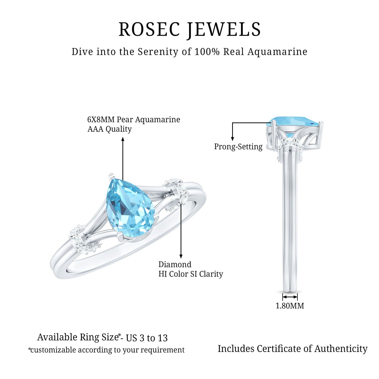 Pear Shape Aquamarine and Diamond Solitaire Ring in Split Shank