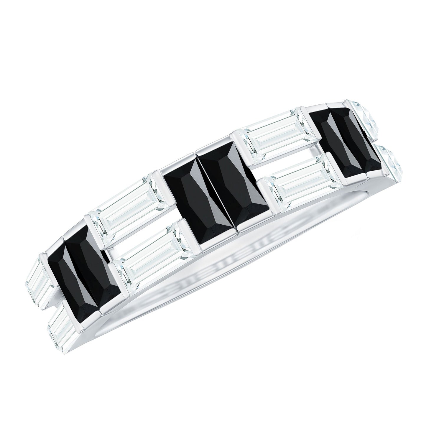 Natural Baguette Black Spinel Half Eternity Ring with Moissanite