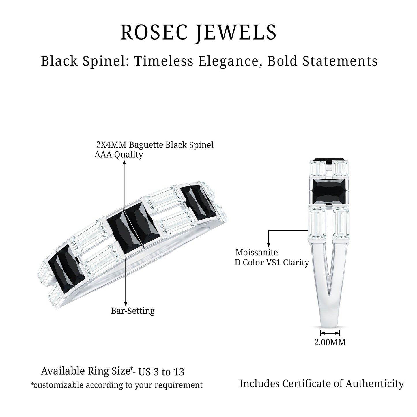 Natural Baguette Black Spinel Half Eternity Ring with Moissanite