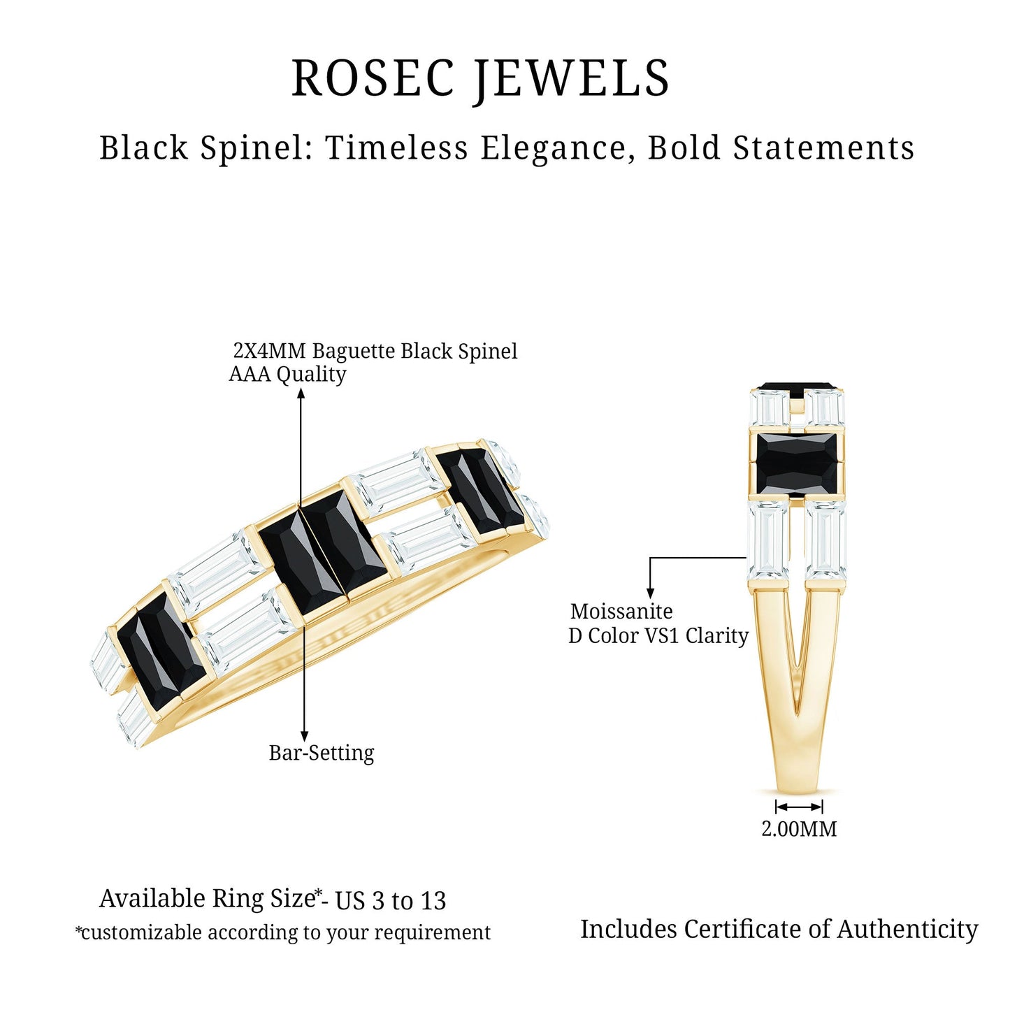 Natural Baguette Black Spinel Half Eternity Ring with Moissanite