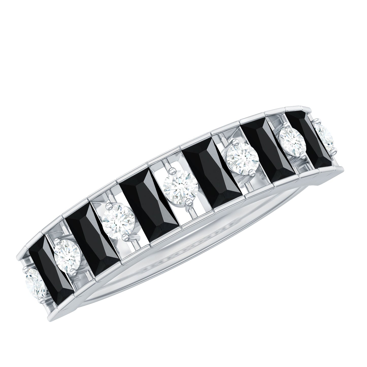 Natural Baguette Black Spinel Half Eternity Ring with Diamond