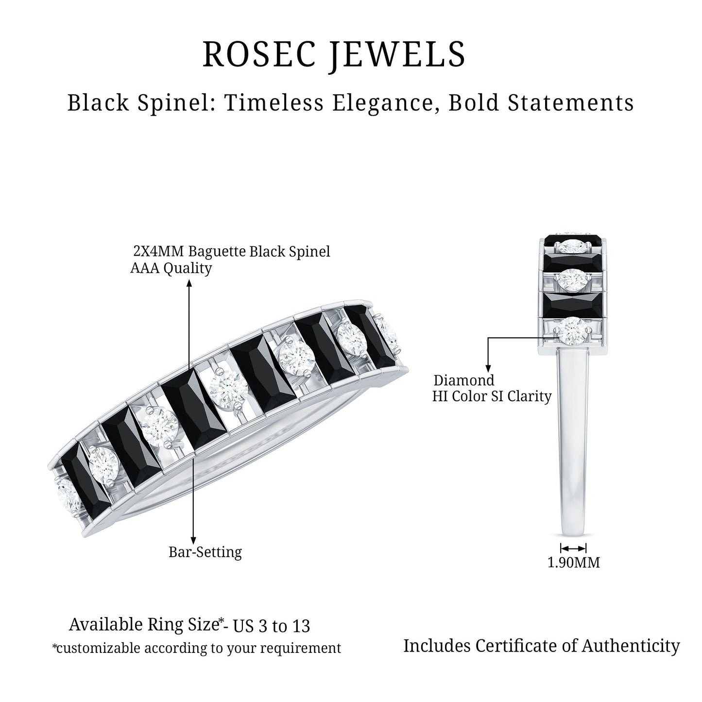 Natural Baguette Black Spinel Half Eternity Ring with Diamond