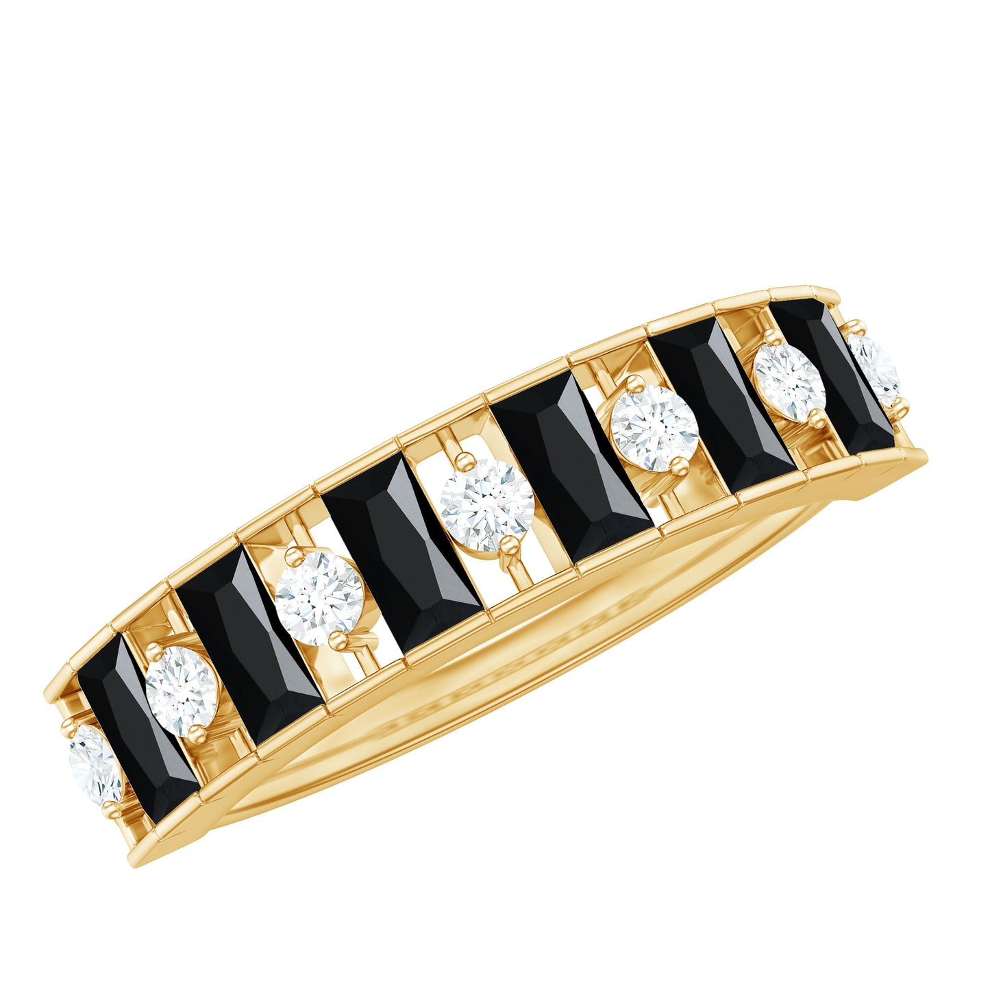 Natural Baguette Black Spinel Half Eternity Ring with Diamond