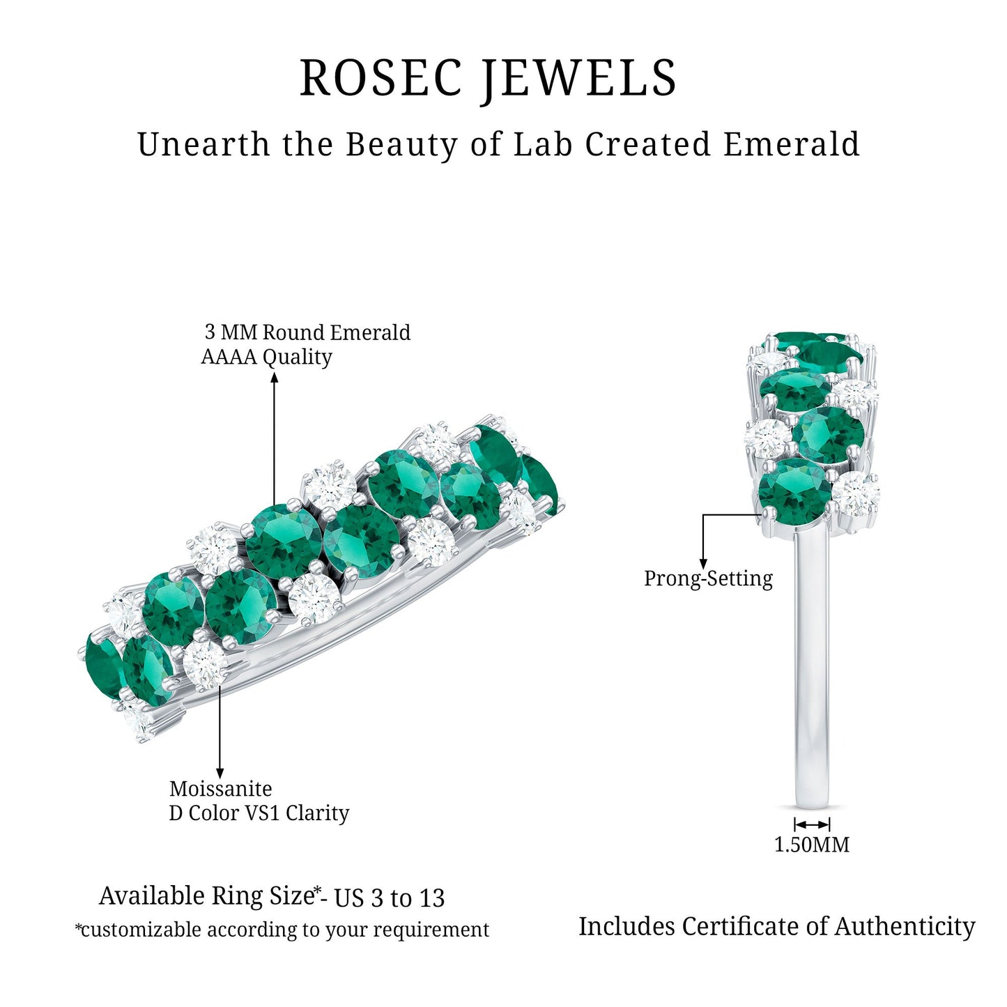 Certified Lab Grown Emerald Cluster Wedding Band with Moissanite
