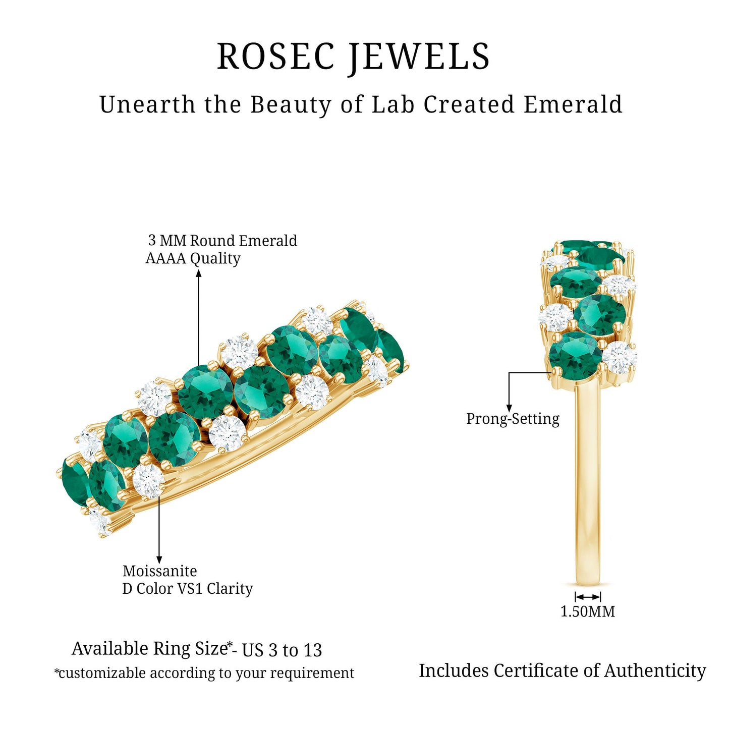 Certified Lab Grown Emerald Cluster Wedding Band with Moissanite