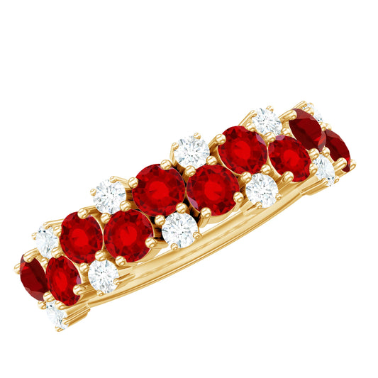 2 CT Round Created Ruby and Moissanite Cluster Half Eternity Ring