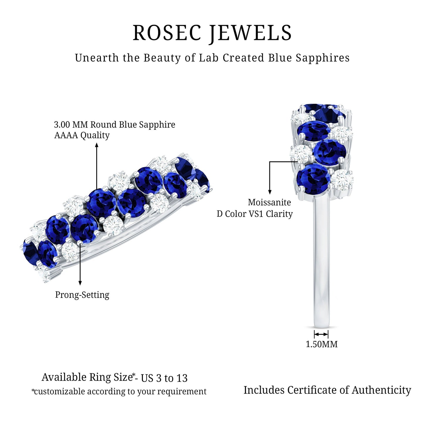 Certified Lab Grown Blue Sapphire Half Eternity Band Ring for Anniversary
