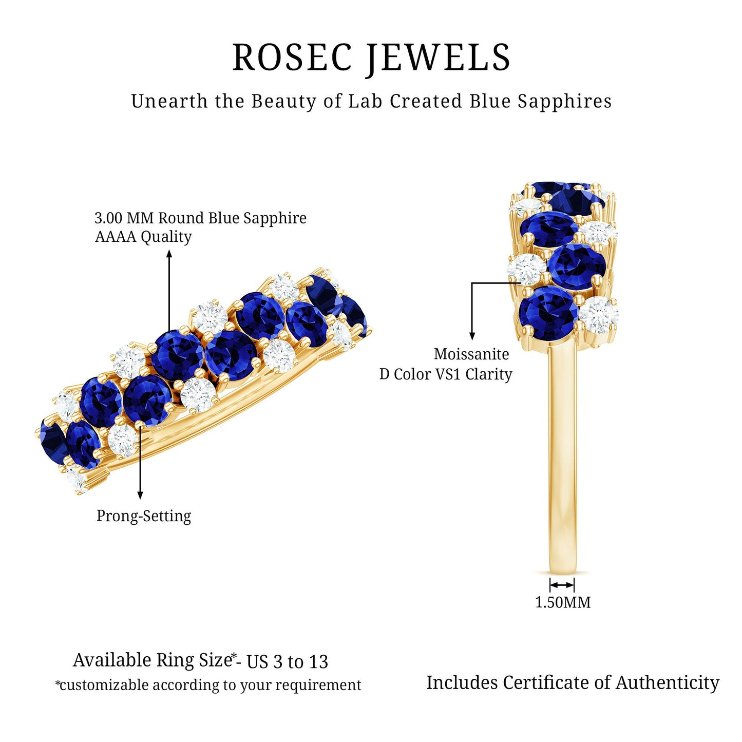 Certified Lab Grown Blue Sapphire Half Eternity Band Ring for Anniversary