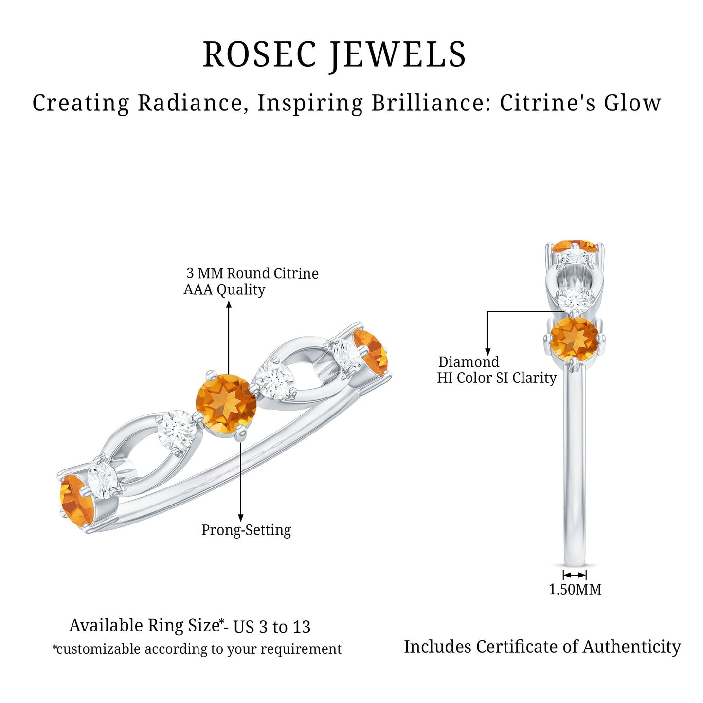 Natural Citrine Half Eternity Ring with Diamond