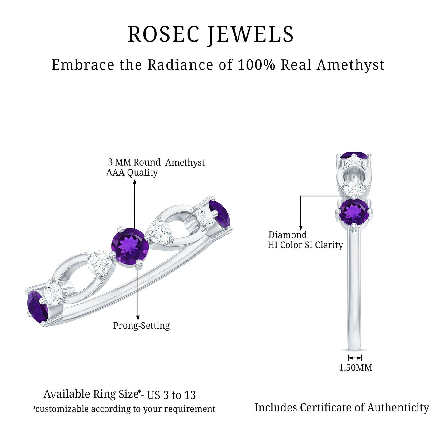 Real Amethyst and Diamond Minimal Promise Ring