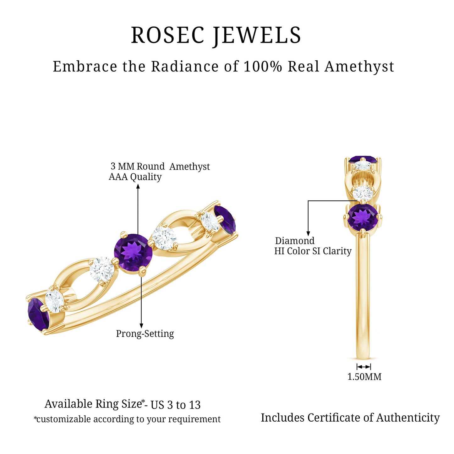Real Amethyst and Diamond Minimal Promise Ring