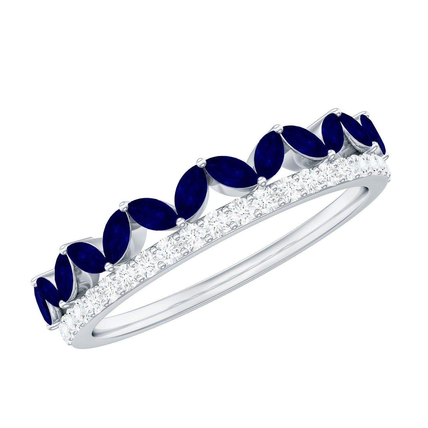 Blue Sapphire and Diamond Crown Style Half Eternity Ring