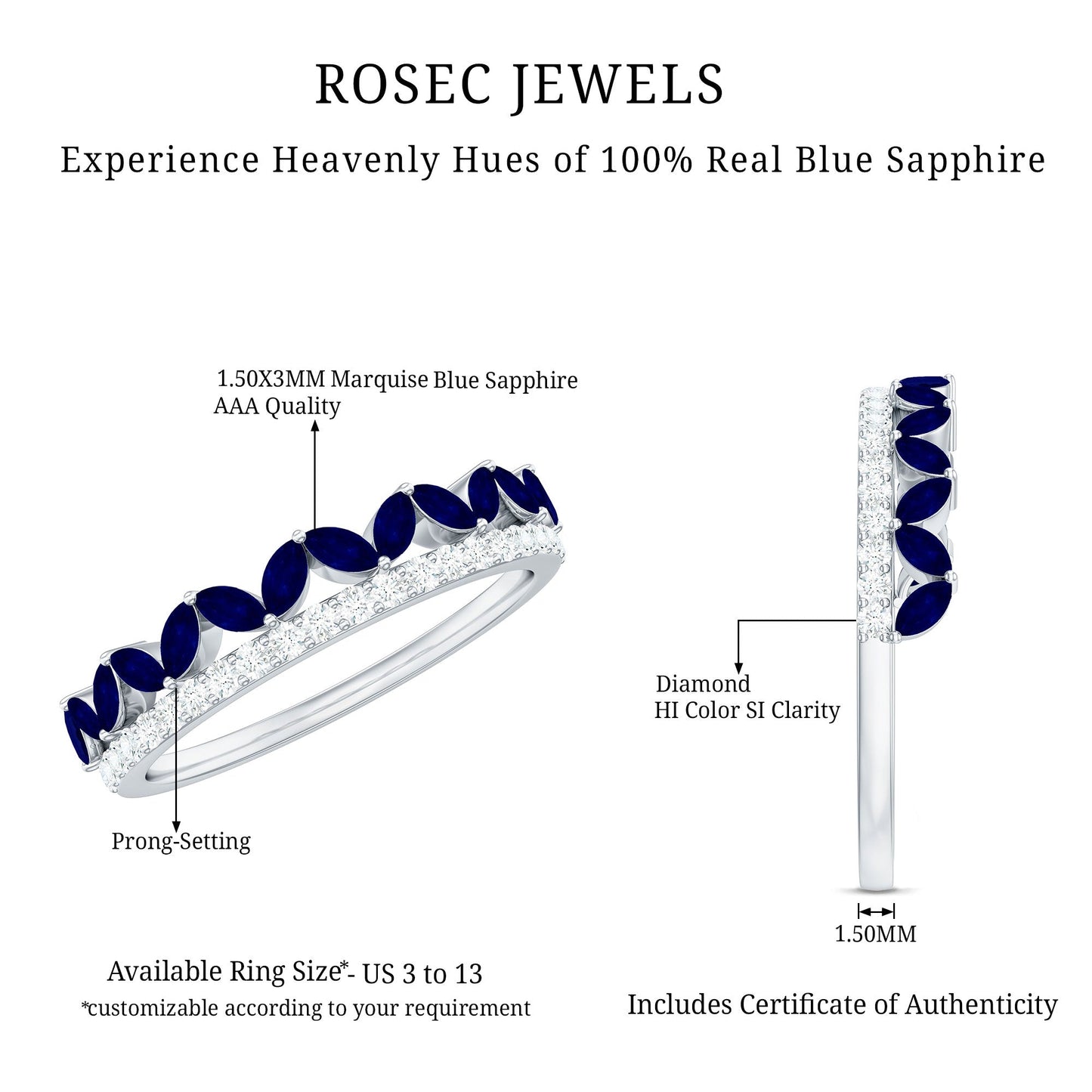 Blue Sapphire and Diamond Crown Style Half Eternity Ring