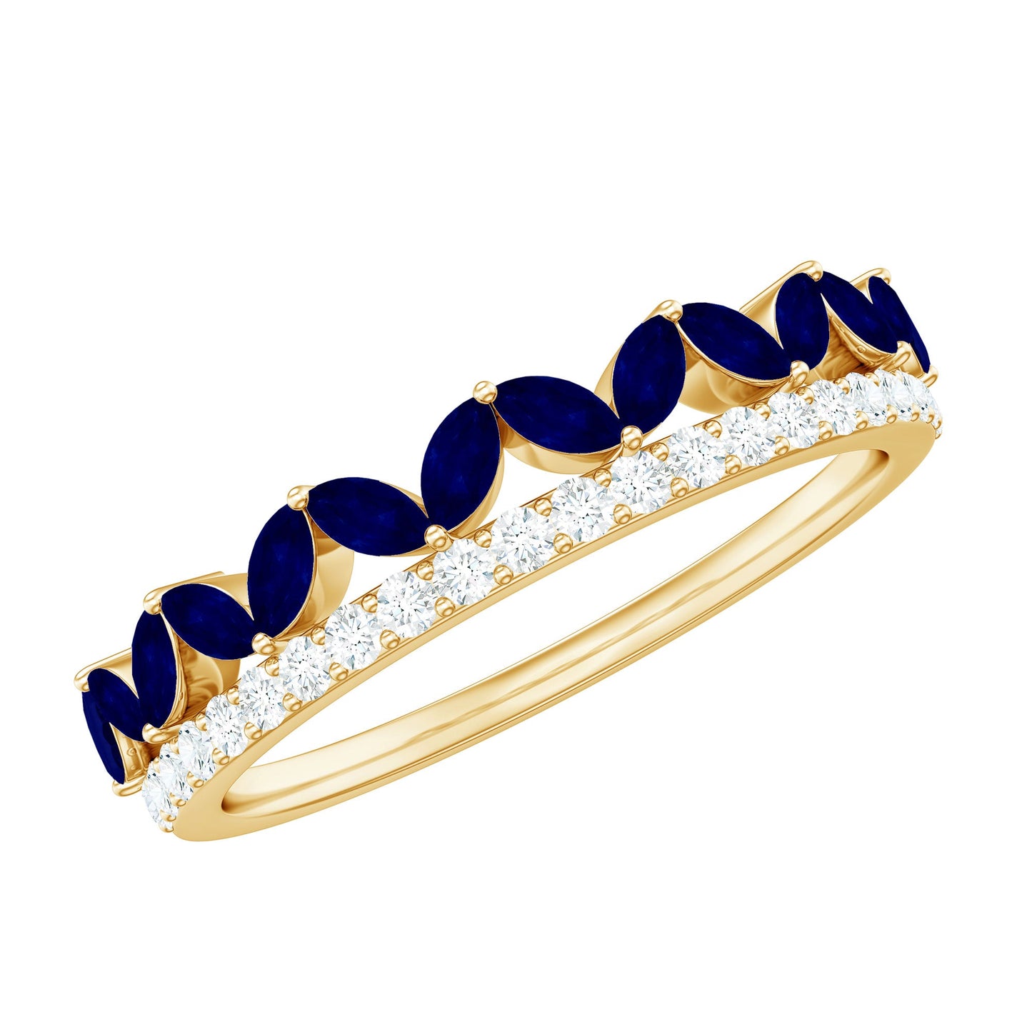 Blue Sapphire and Diamond Crown Style Half Eternity Ring