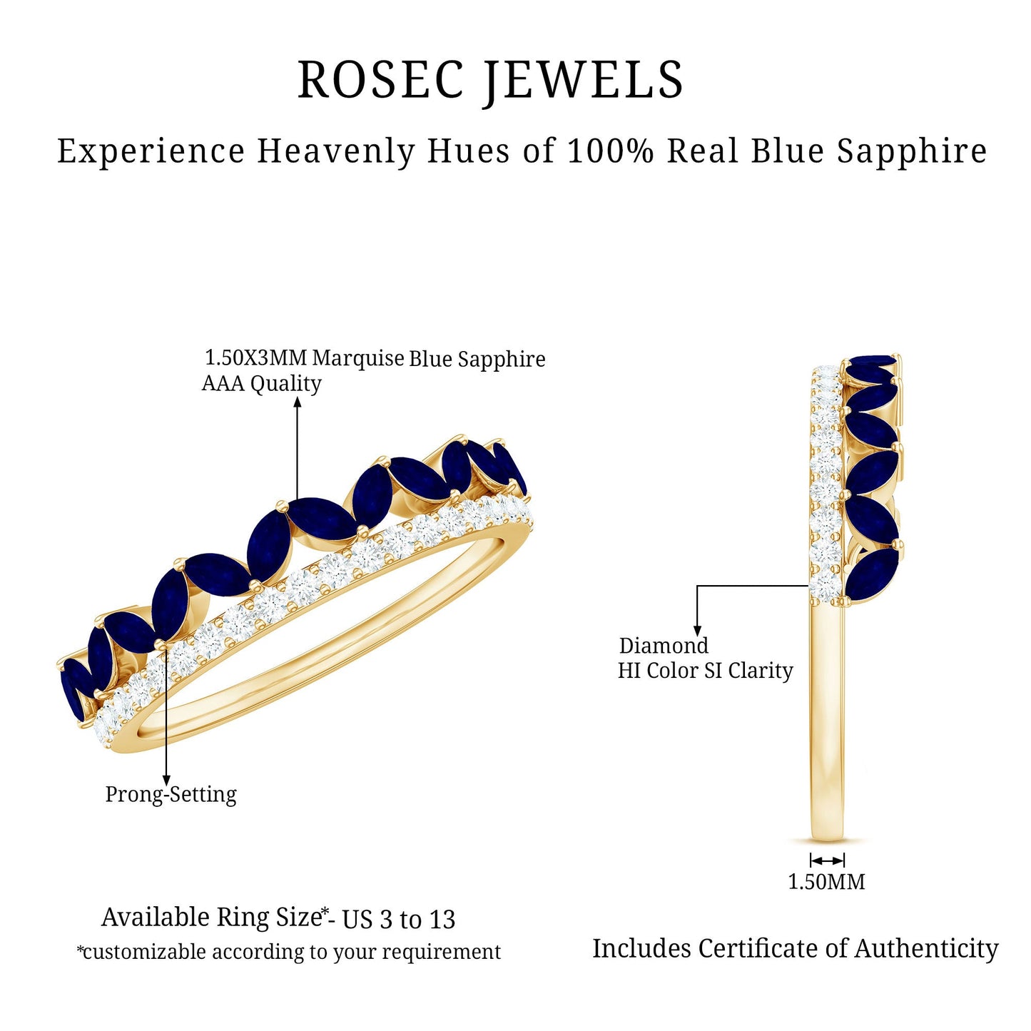 Blue Sapphire and Diamond Crown Style Half Eternity Ring