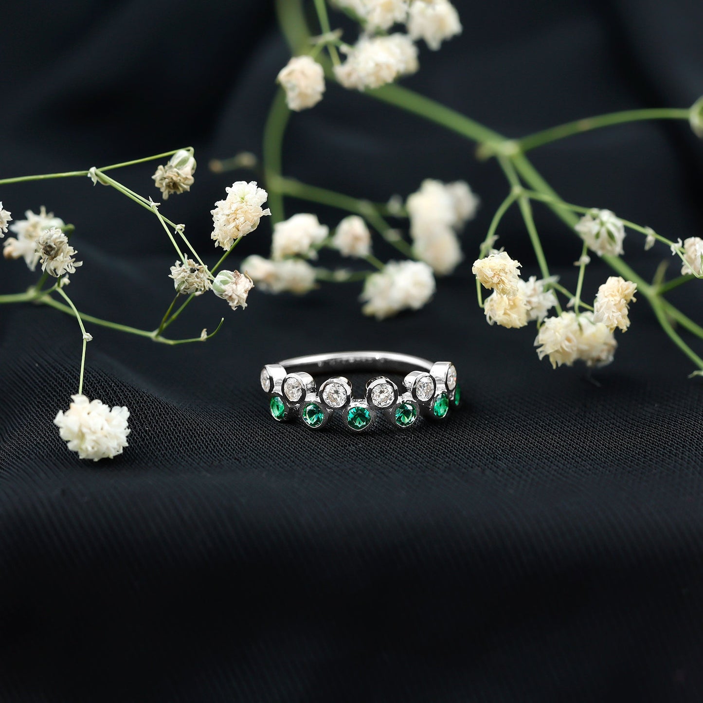 Bezel Set Lab Grown Emerald and Moissanite Half Eternity Ring