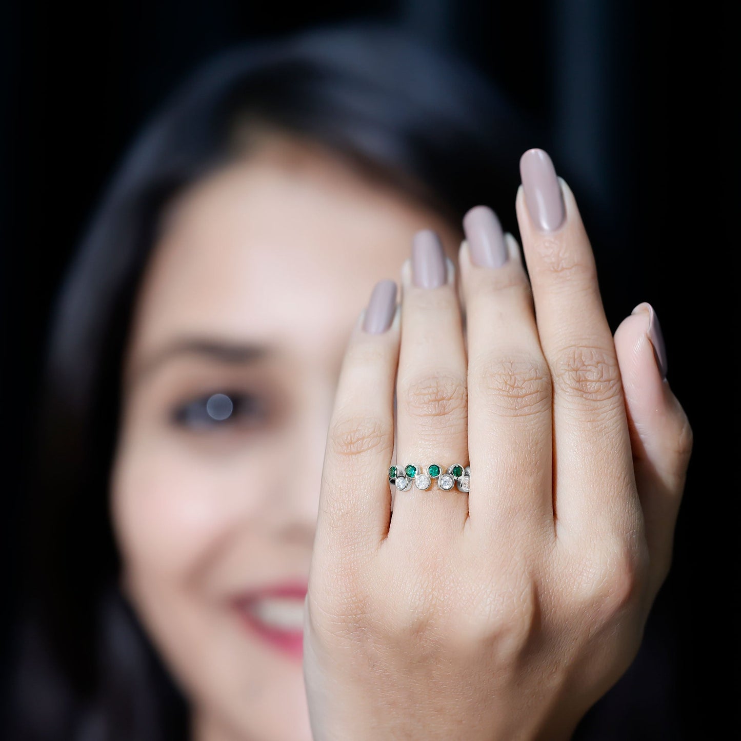 Bezel Set Lab Grown Emerald and Moissanite Half Eternity Ring