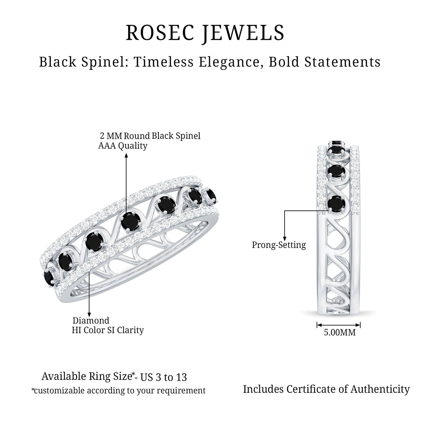 Designer Black Spinel Diamond Half Eternity Band Ring for Anniversary