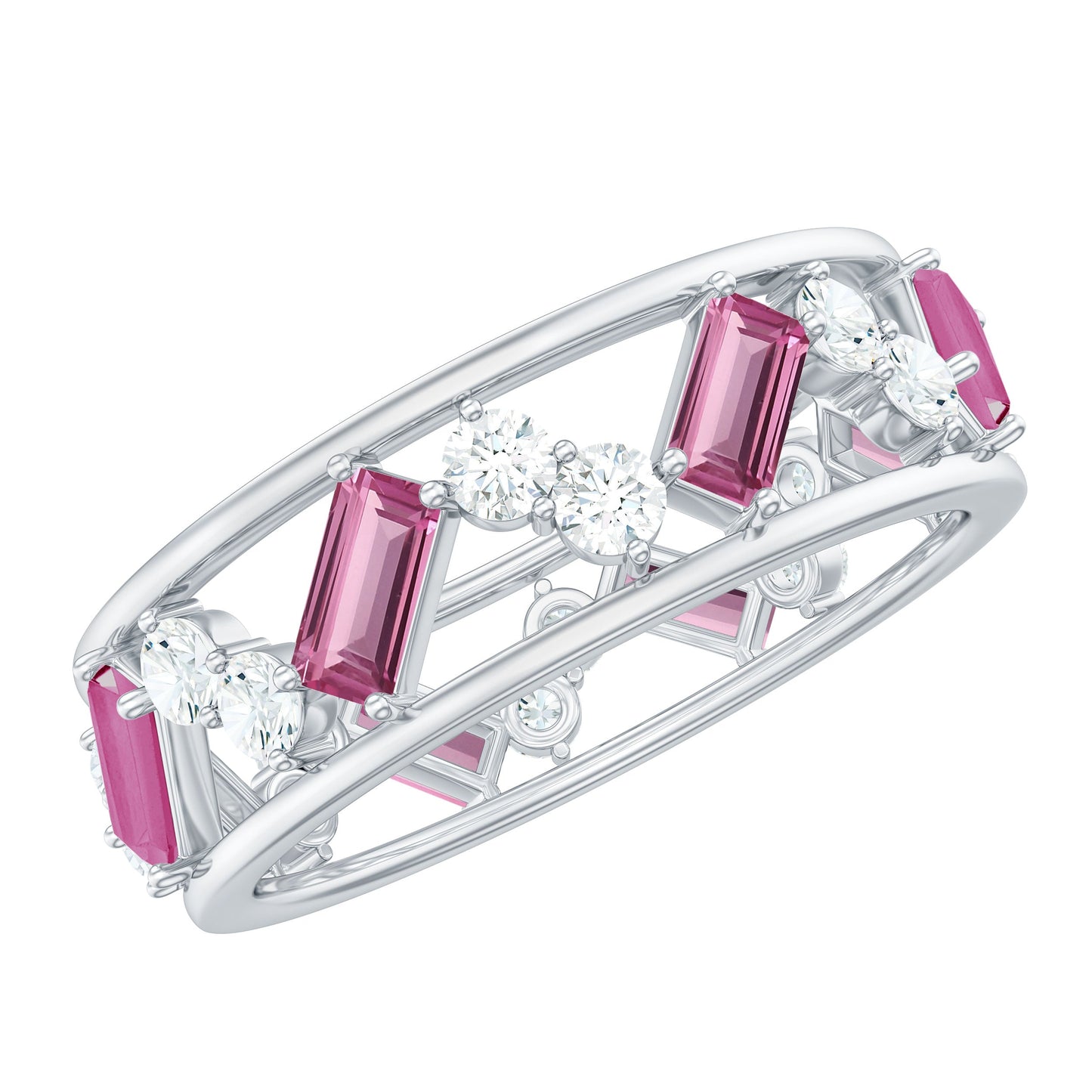 Certified Pink Tourmaline and Moissanite Zig Zag Eternity Band