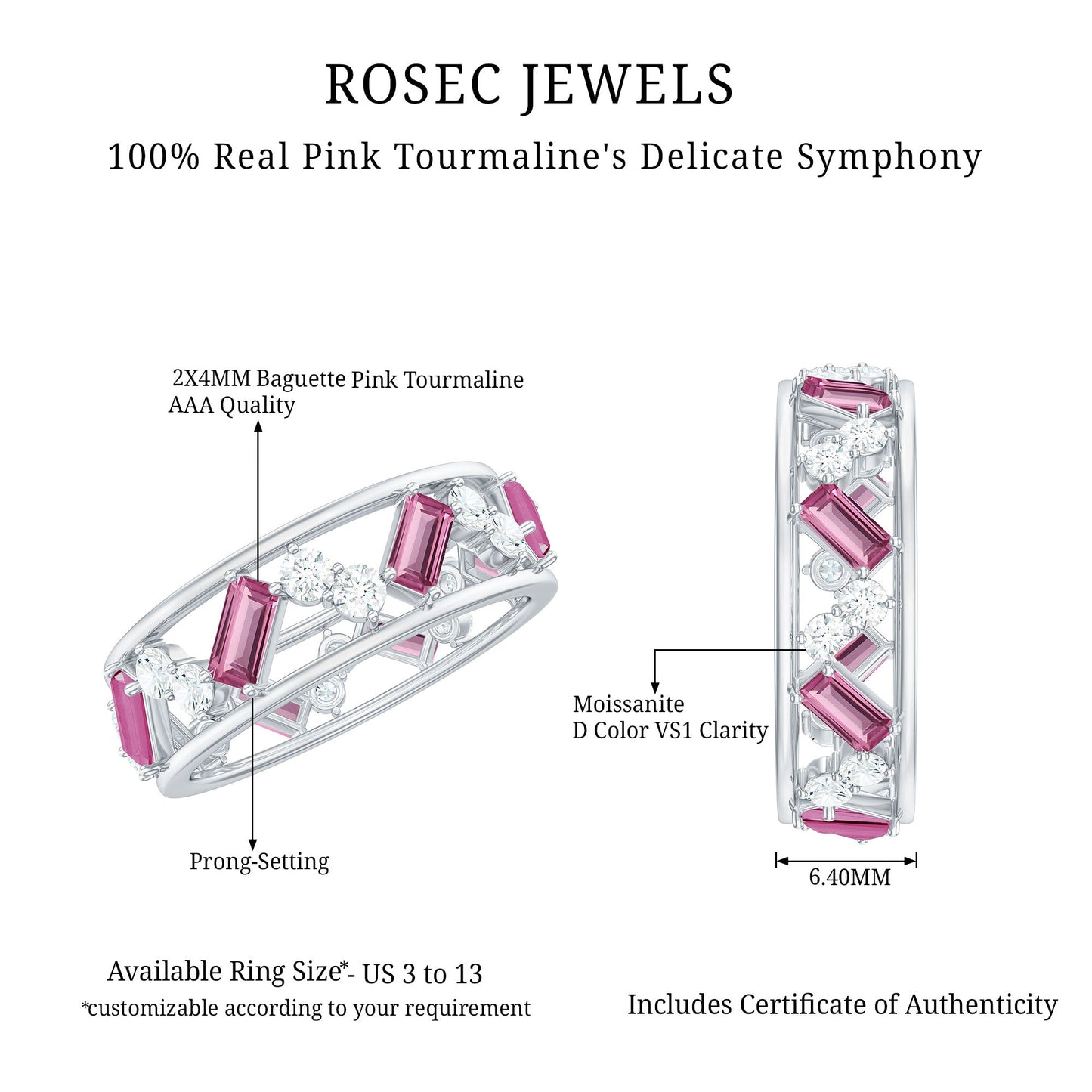 Certified Pink Tourmaline and Moissanite Zig Zag Eternity Band