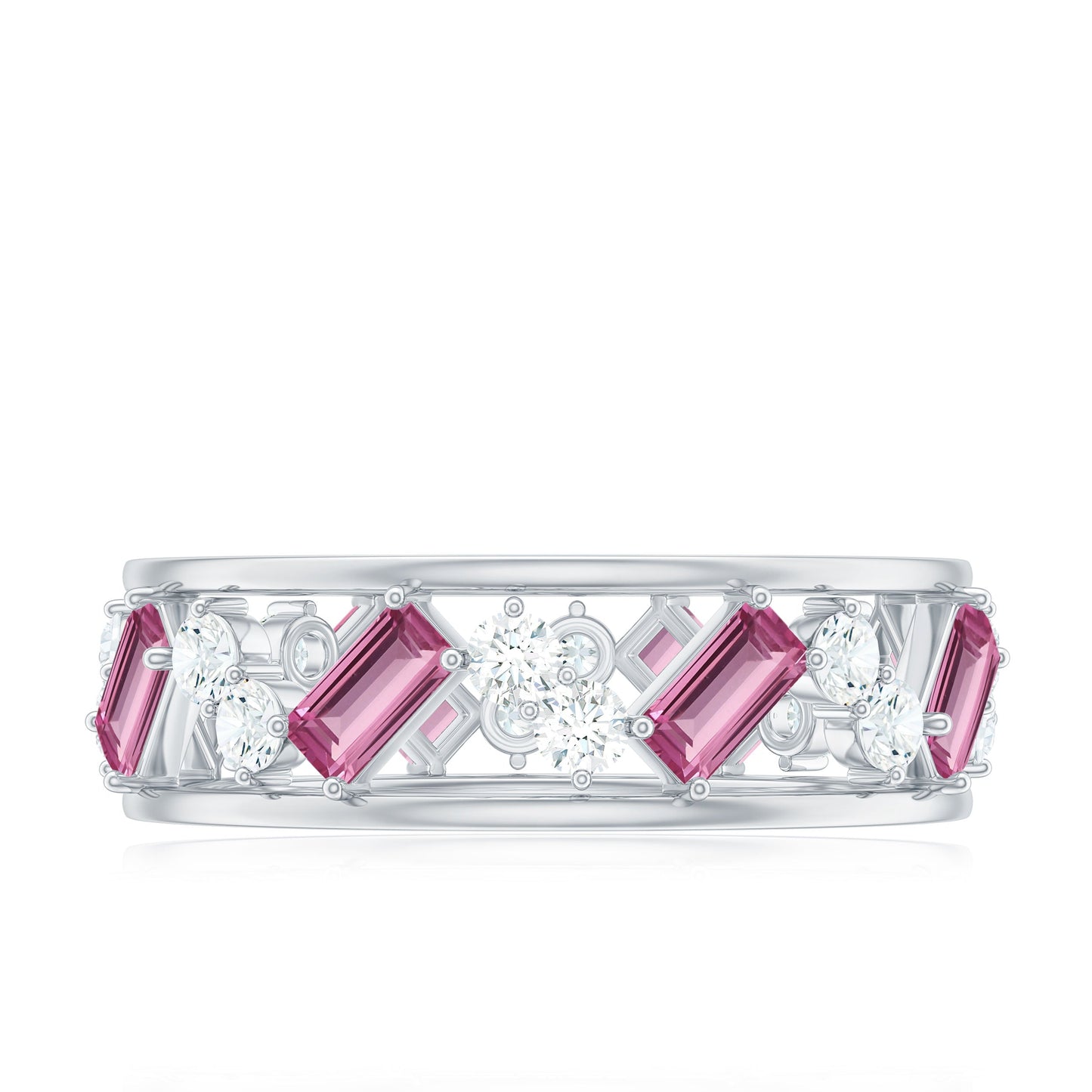 Certified Pink Tourmaline and Moissanite Zig Zag Eternity Band