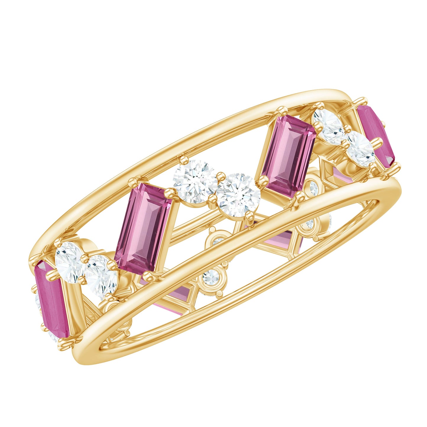 Certified Pink Tourmaline and Moissanite Zig Zag Eternity Band