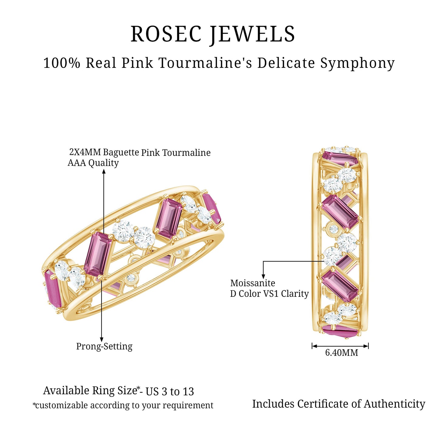 Certified Pink Tourmaline and Moissanite Zig Zag Eternity Band