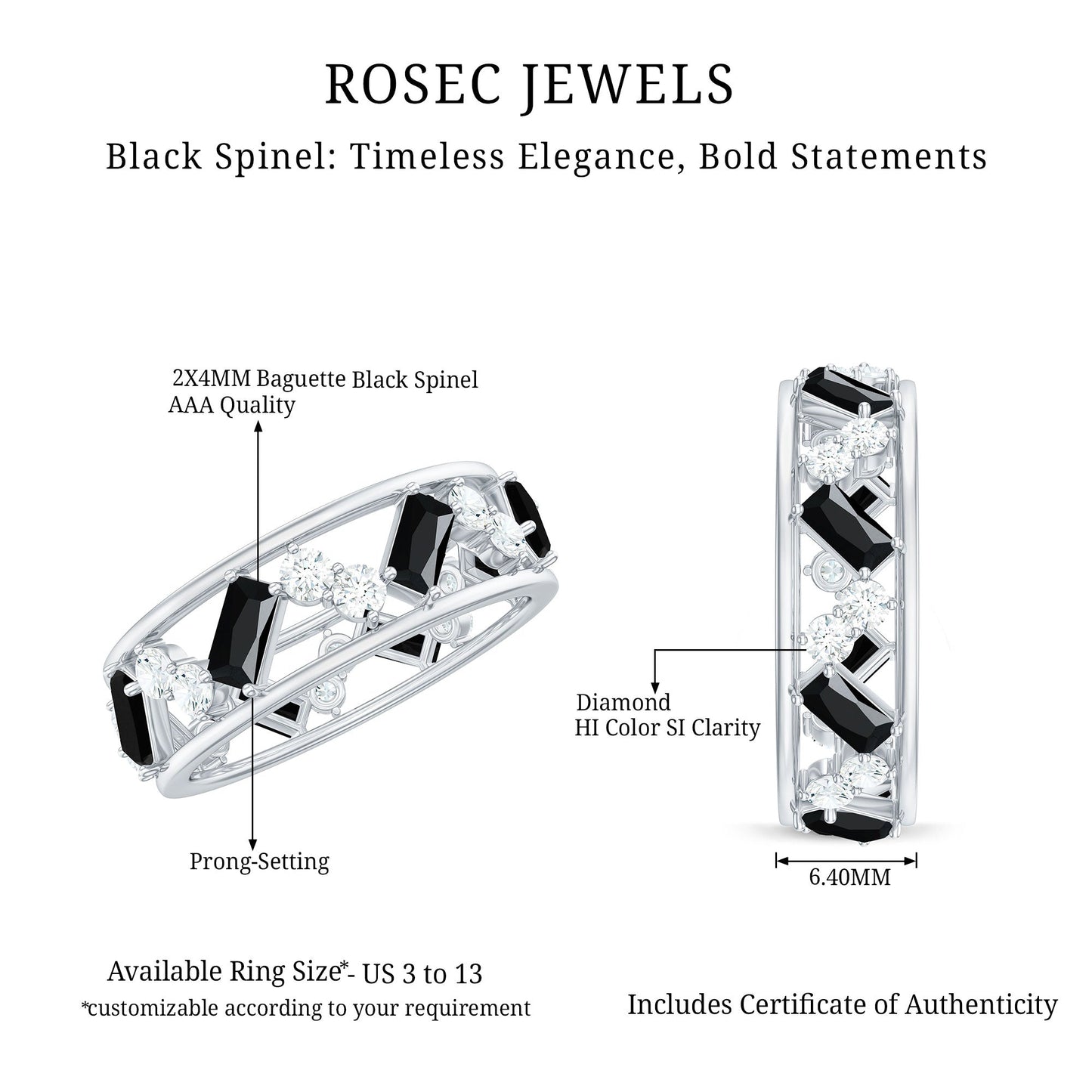 Natural Black Spinel Diamond Eternity Band Ring for Anniversary
