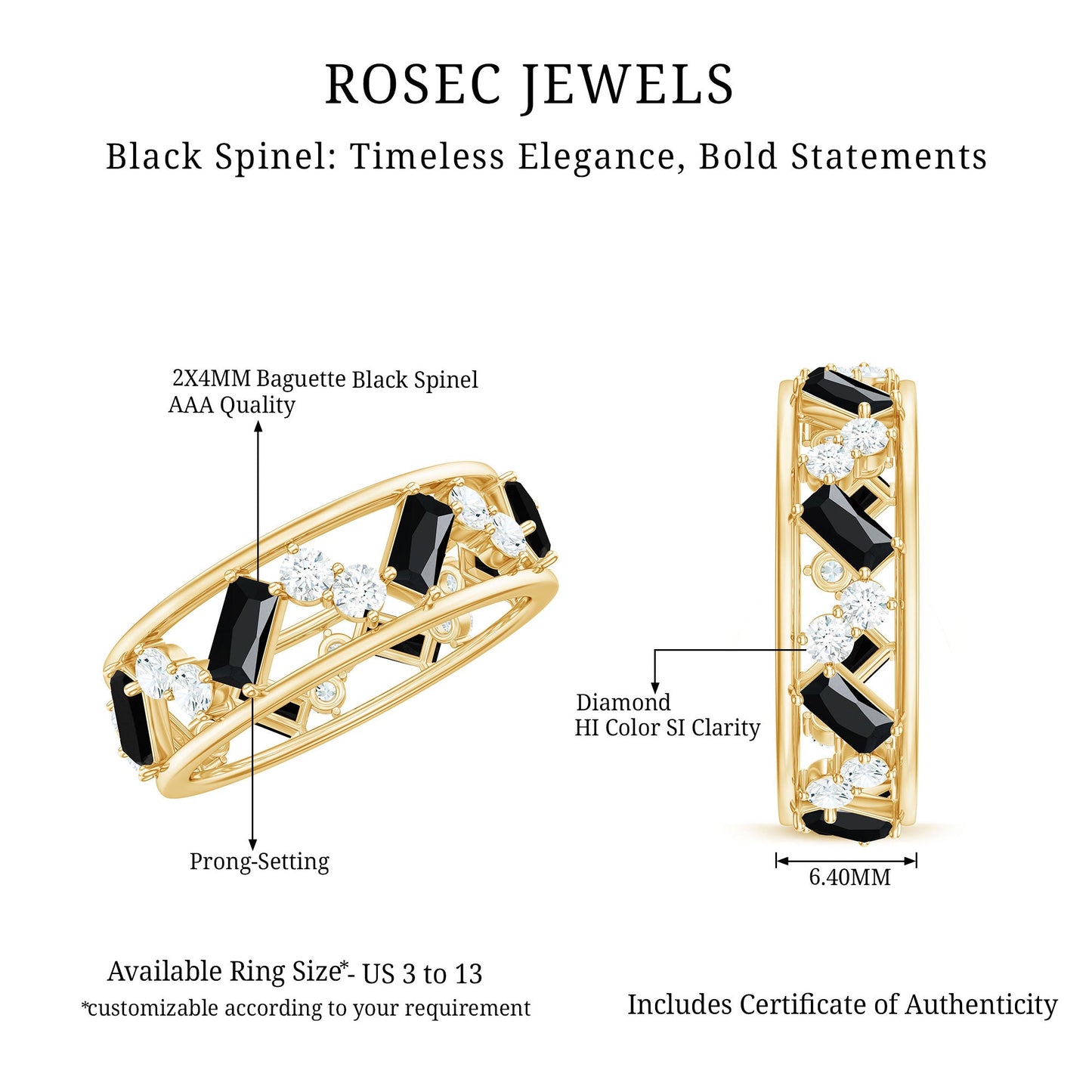 Natural Black Spinel Diamond Eternity Band Ring for Anniversary
