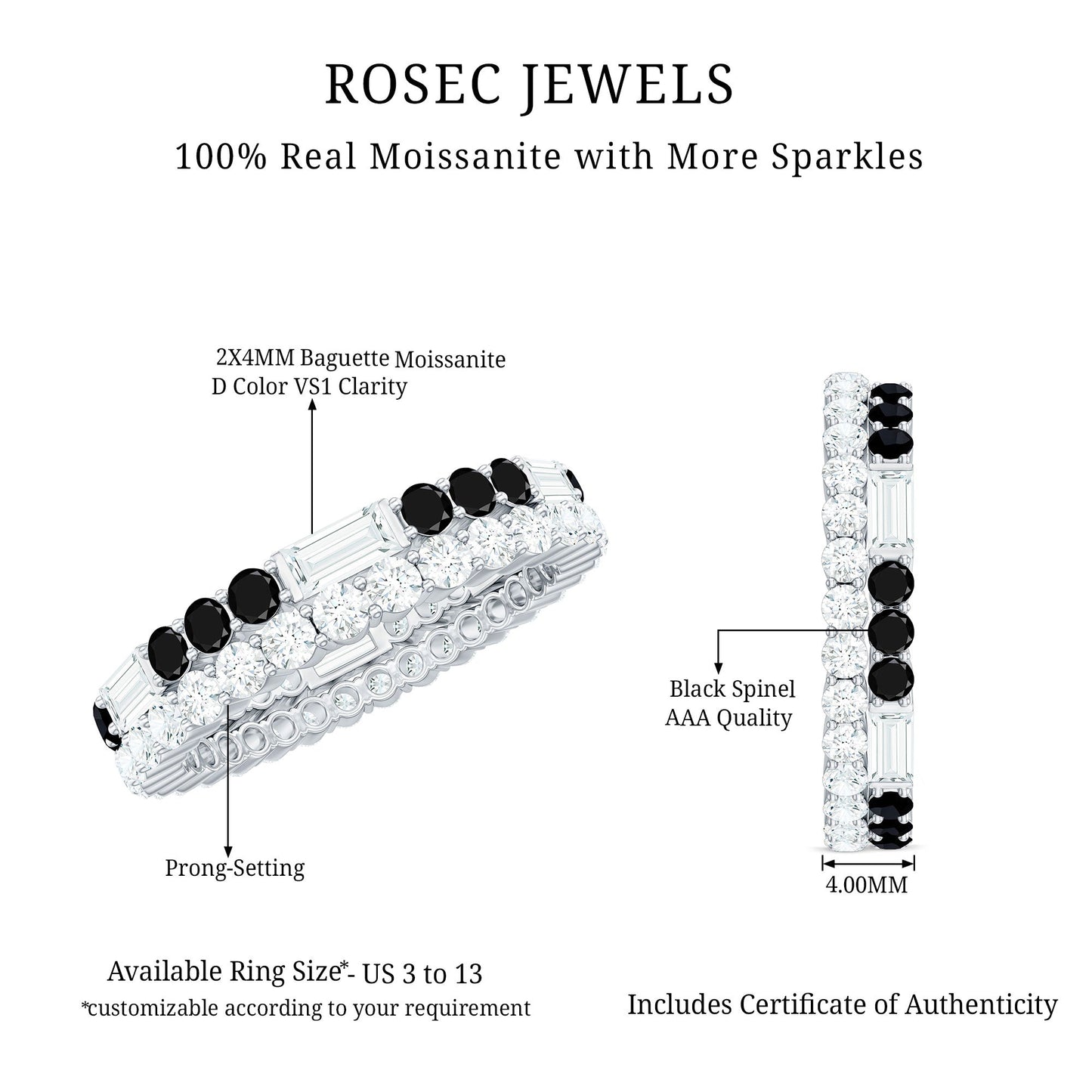 Certified Real 2 Row Black Spinel Eternity Ring with Moissanite
