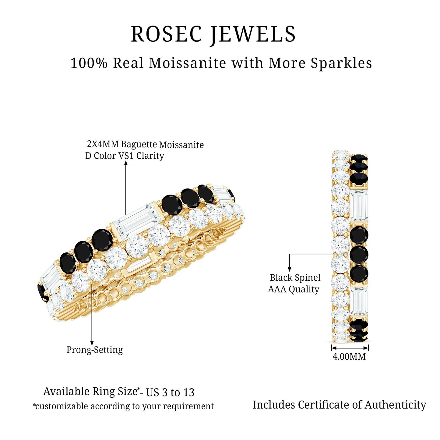 Certified Real 2 Row Black Spinel Eternity Ring with Moissanite