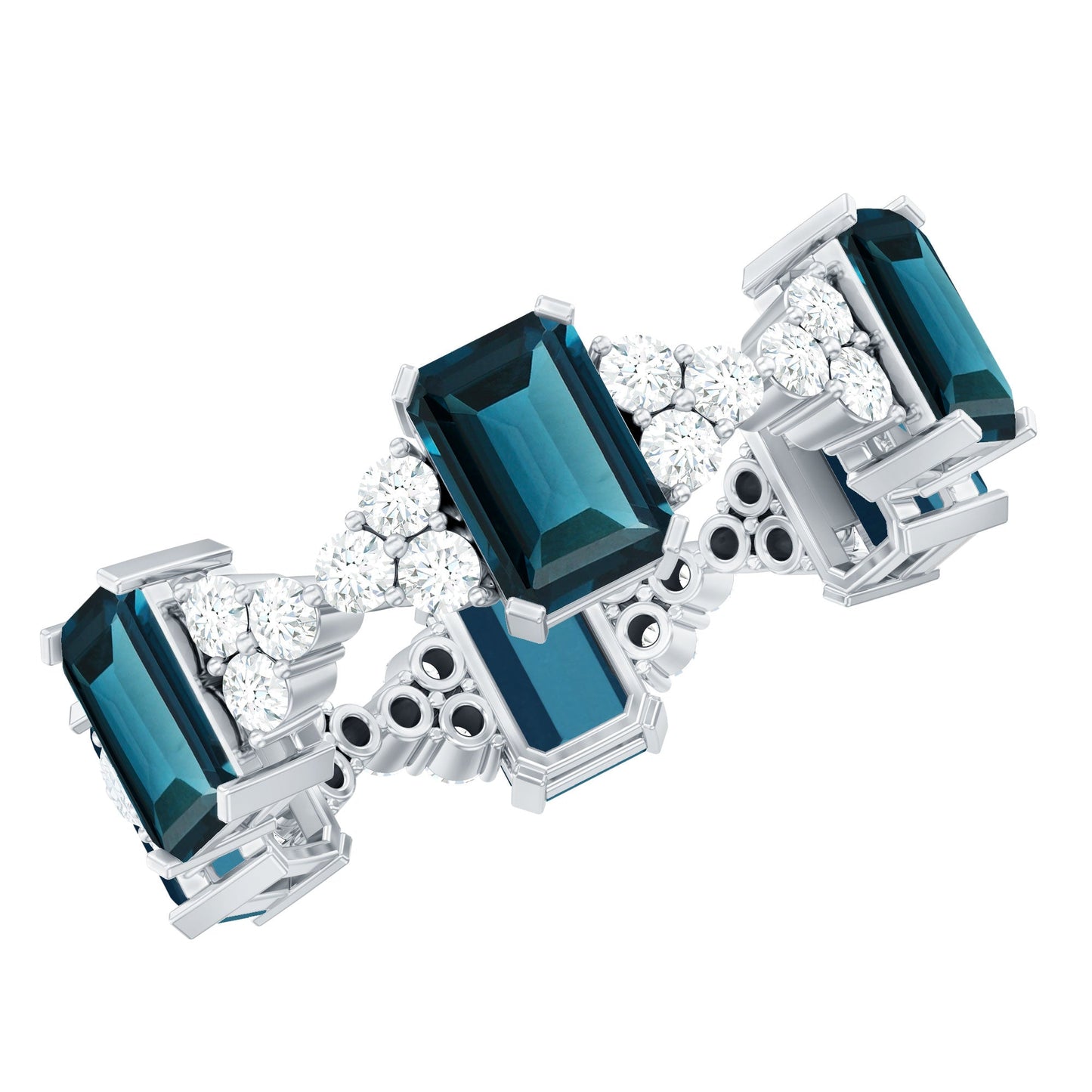 4X6mm Emerald Cut London Blue Topaz Designer Eternity Ring with Moissanite