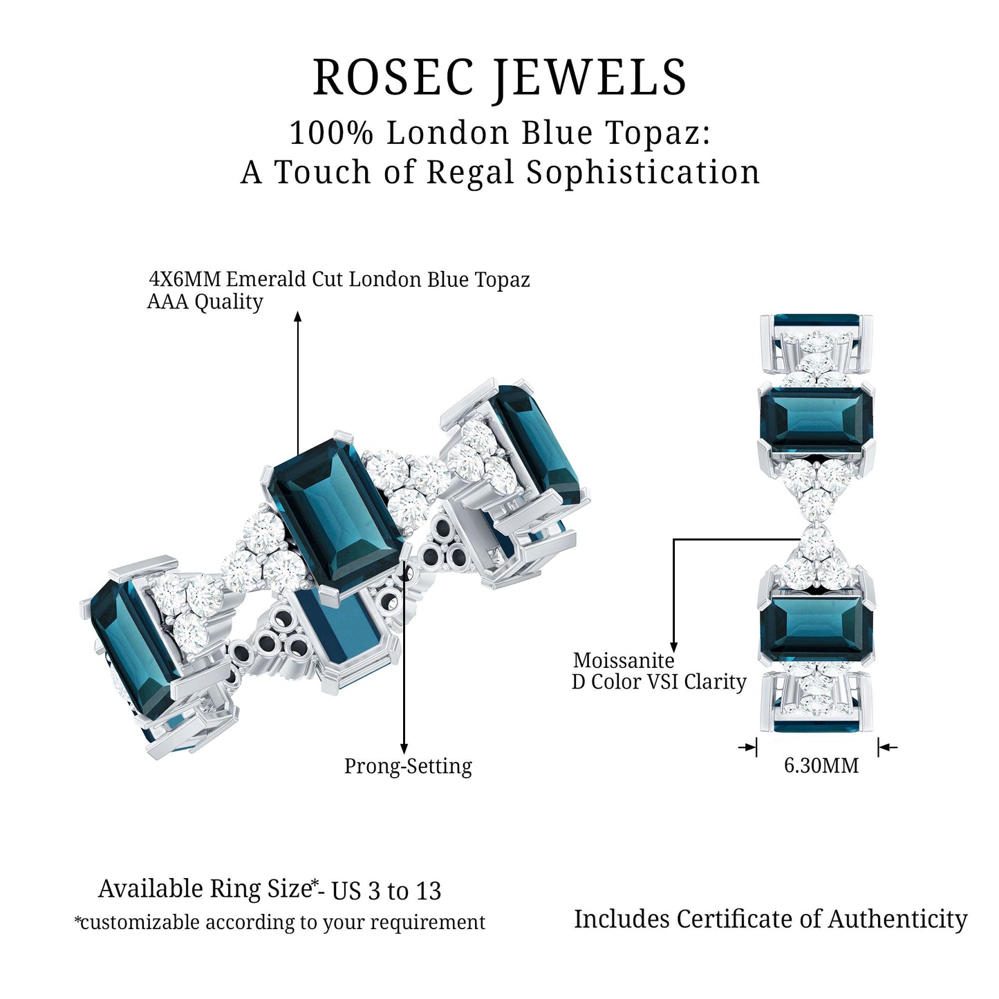 4X6mm Emerald Cut London Blue Topaz Designer Eternity Ring with Moissanite