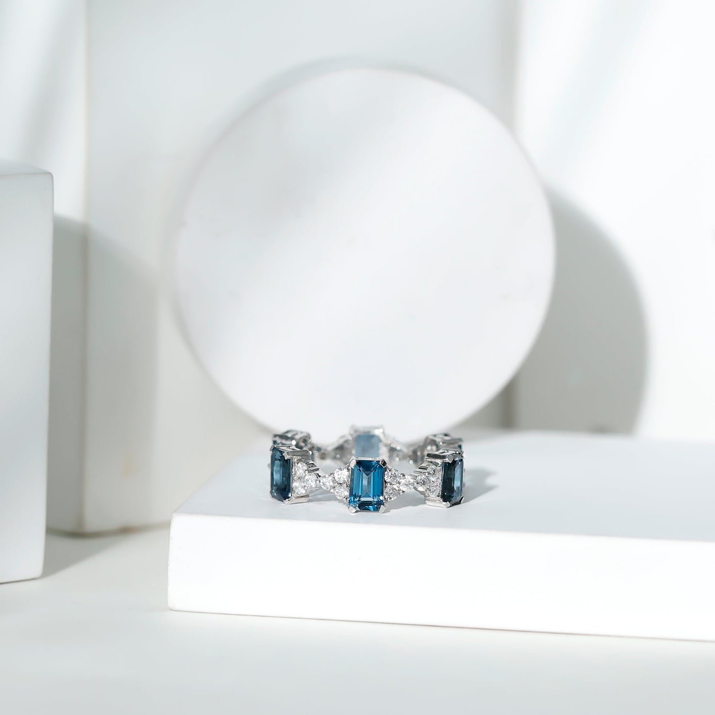 4X6mm Emerald Cut London Blue Topaz Designer Eternity Ring with Moissanite