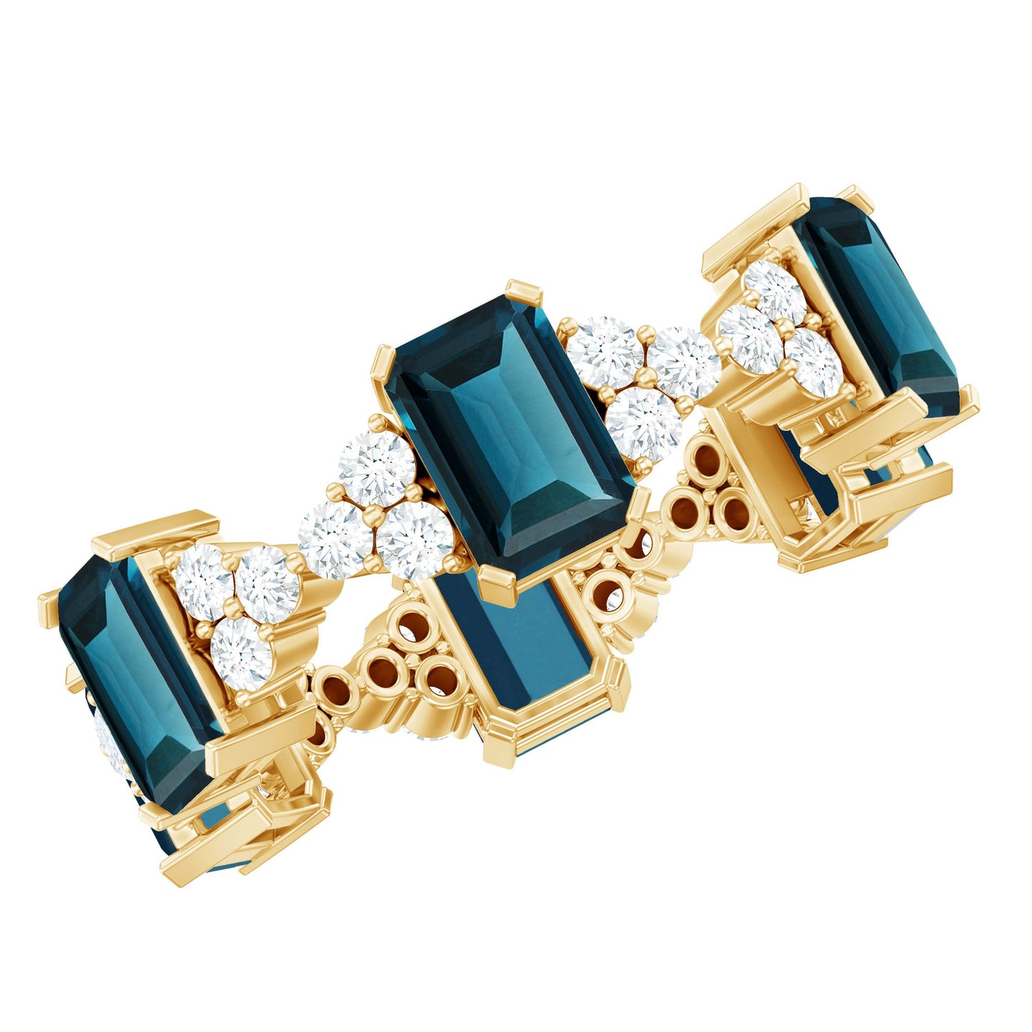 4X6mm Emerald Cut London Blue Topaz Designer Eternity Ring with Moissanite