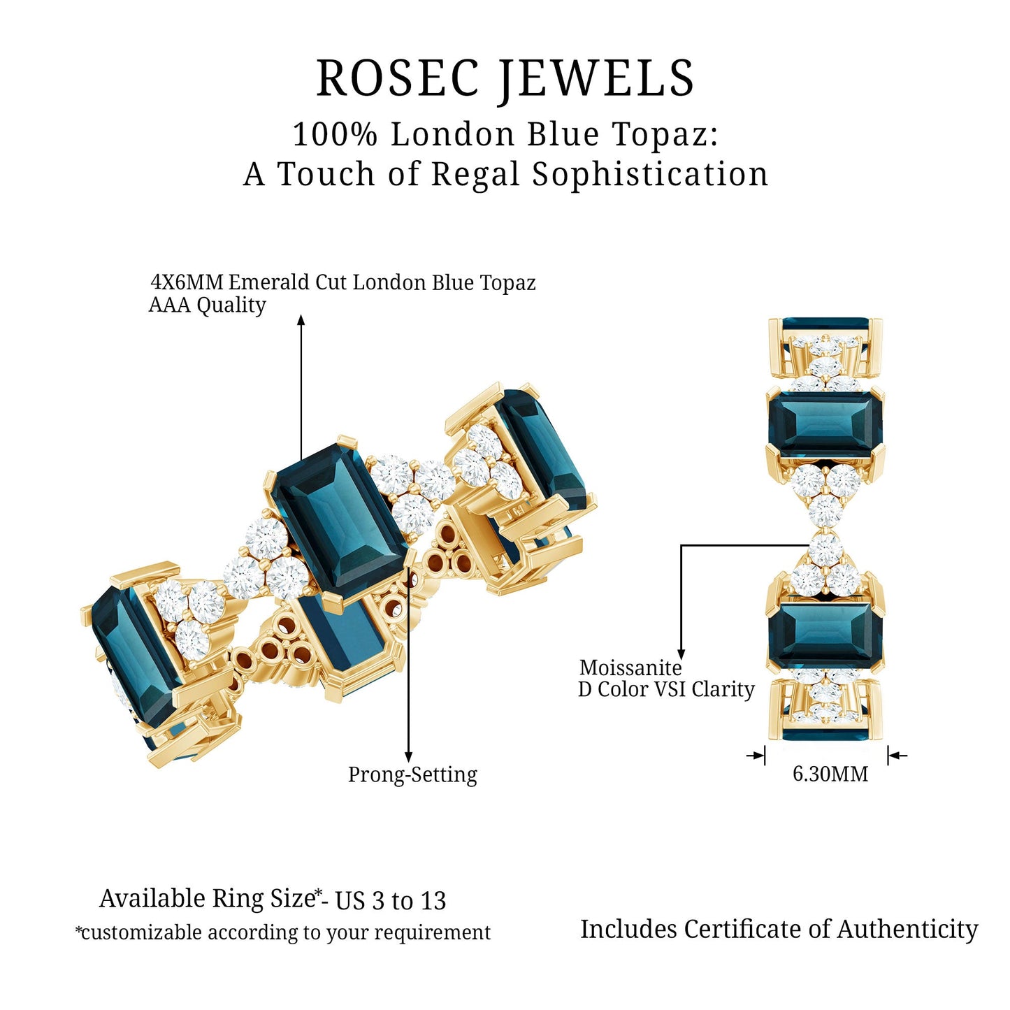 4X6mm Emerald Cut London Blue Topaz Designer Eternity Ring with Moissanite