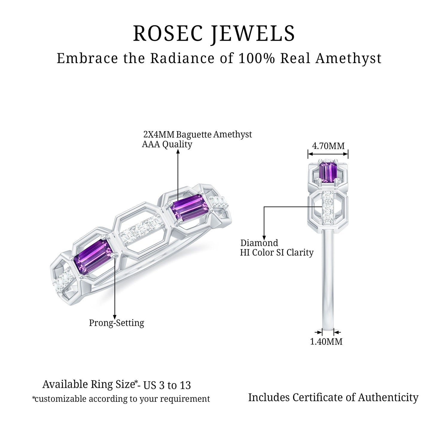 Amethyst and Diamond Geometric Half Eternity Ring